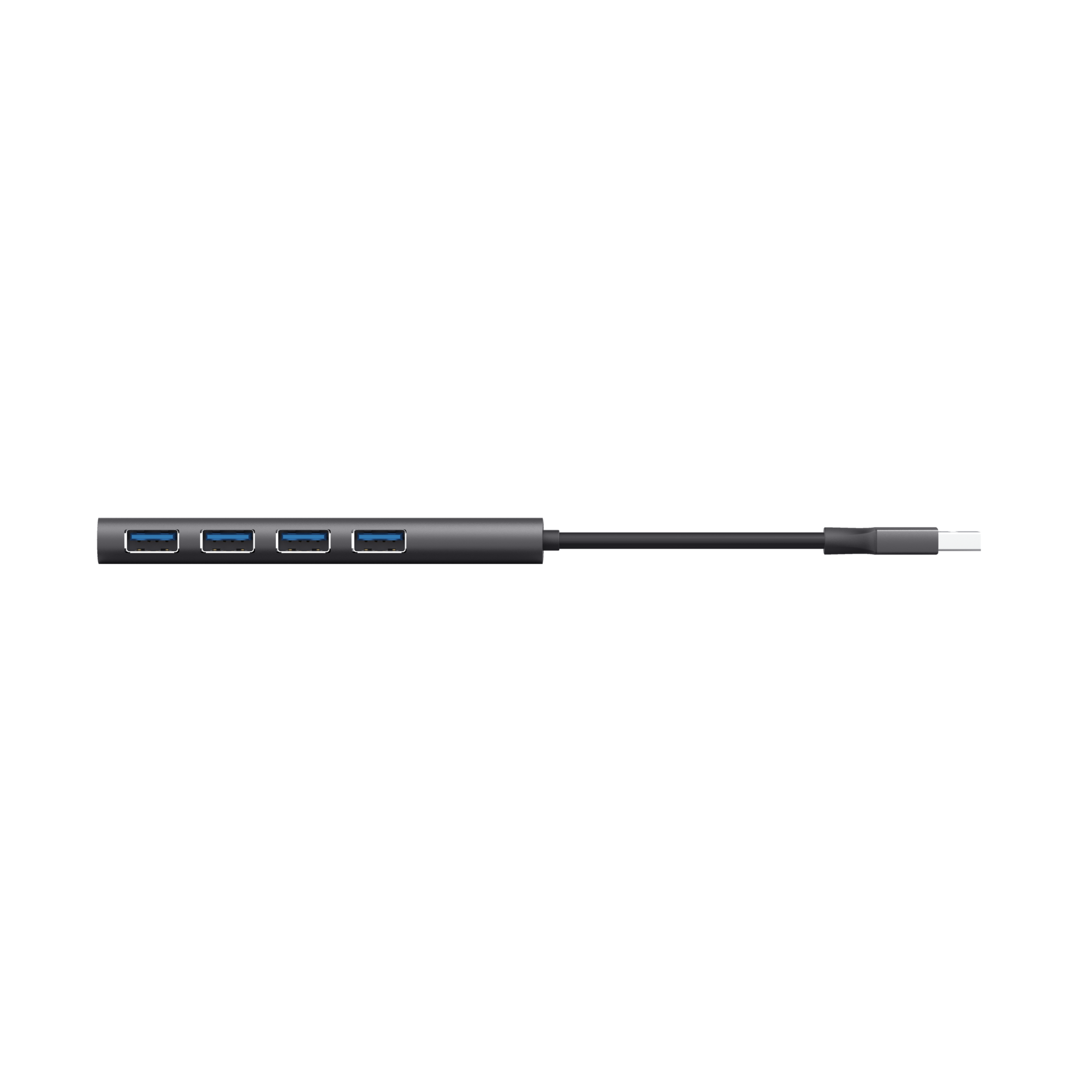 Een donkergrijze USB-hub met vier poorten, een lang snoer en een USB-C-connector.