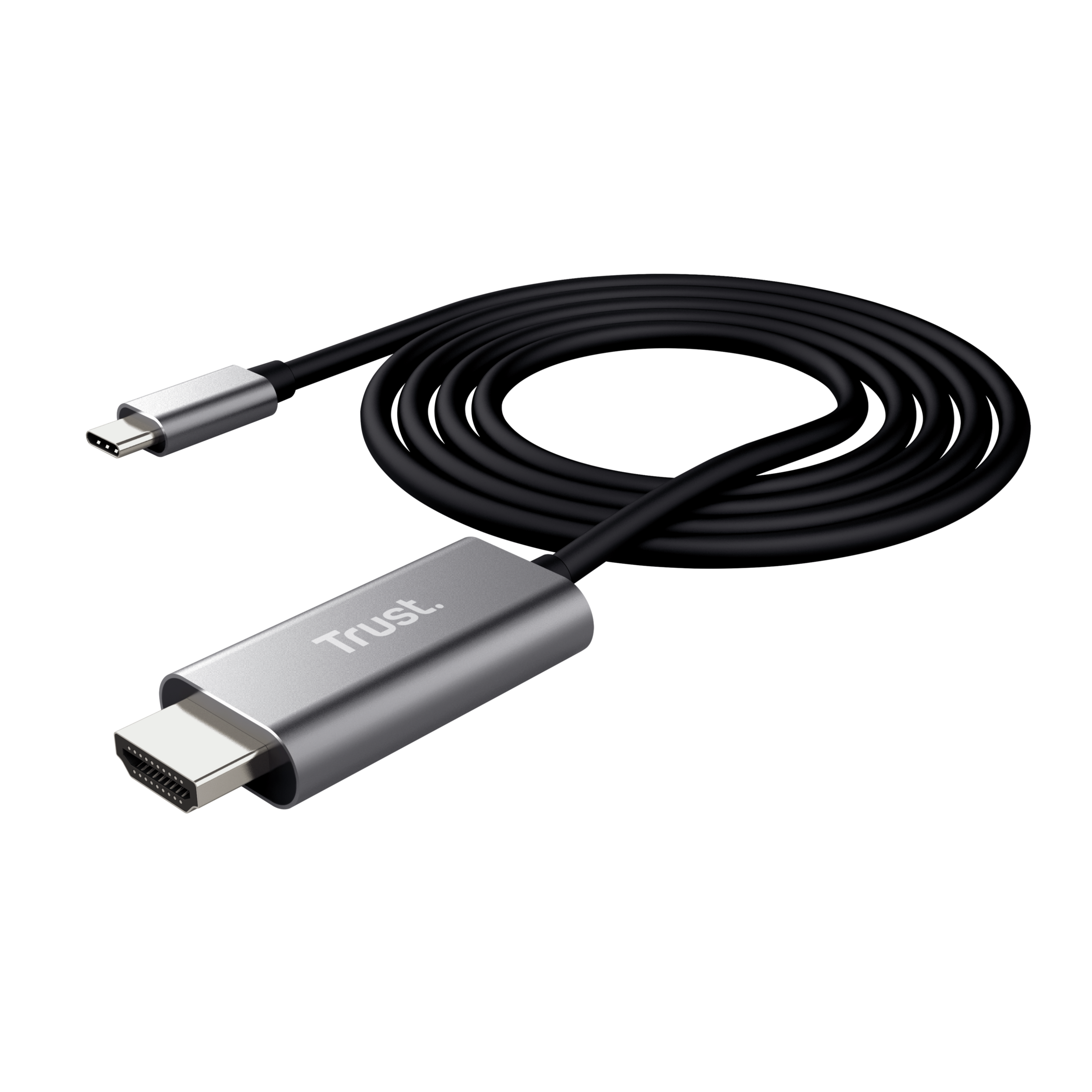 Un cable negro HDMI a USB-C con conectores plateados y un logotipo de Trust.