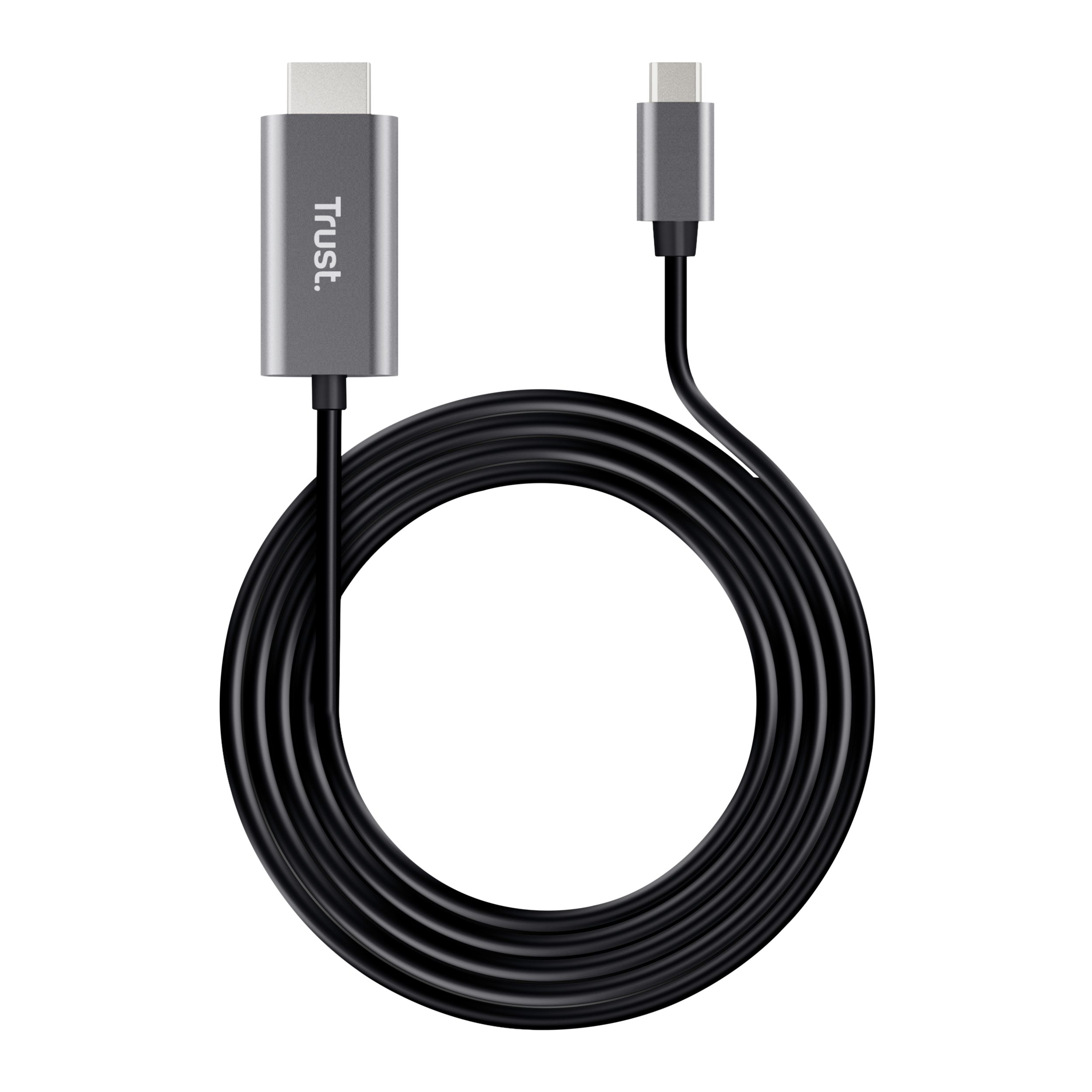 Cable USB-C a HDMI plateado Trust enrollado sobre fondo negro.