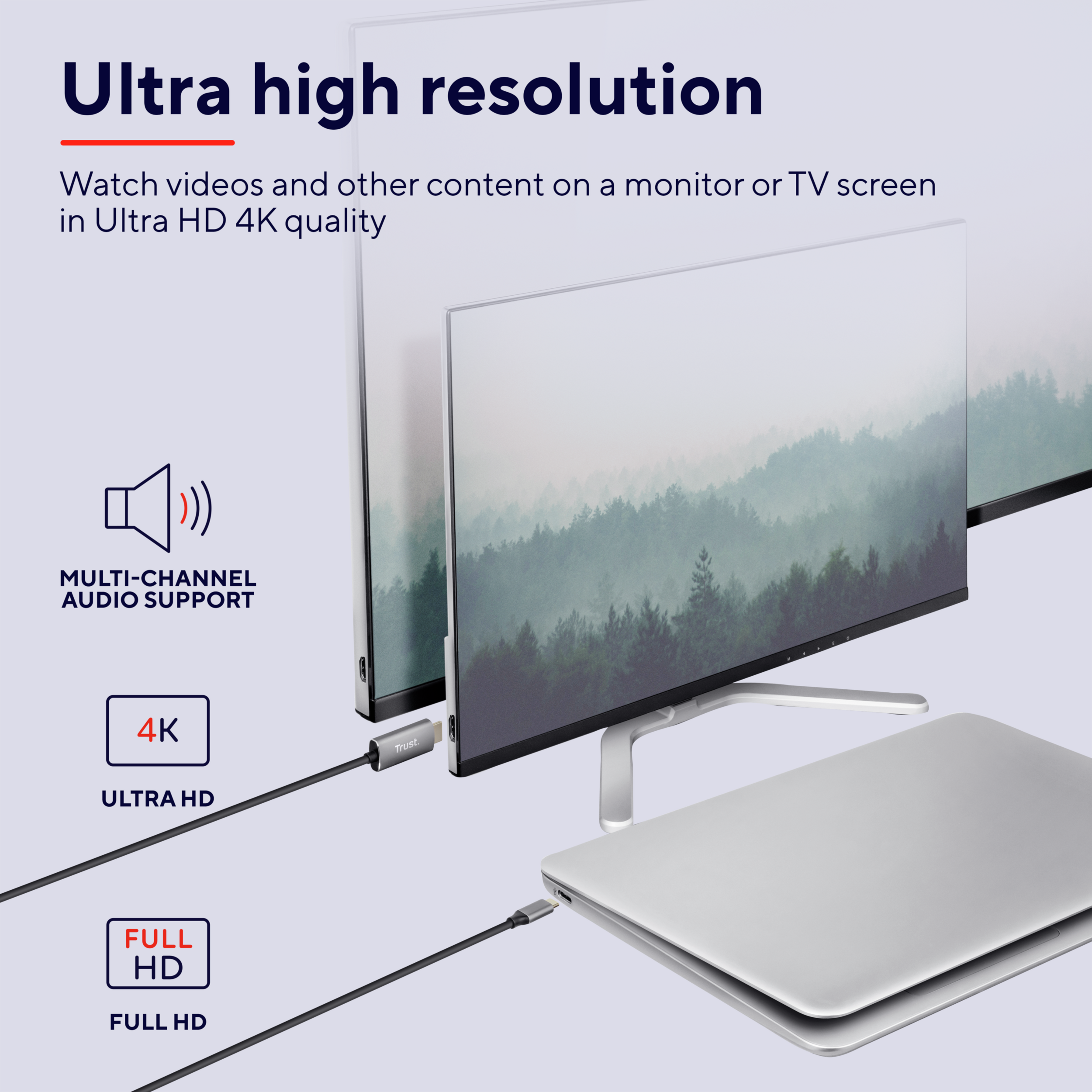 Una pantalla de monitor con las palabras 'Ultra alta resolución'. Una laptop está conectada al monitor.