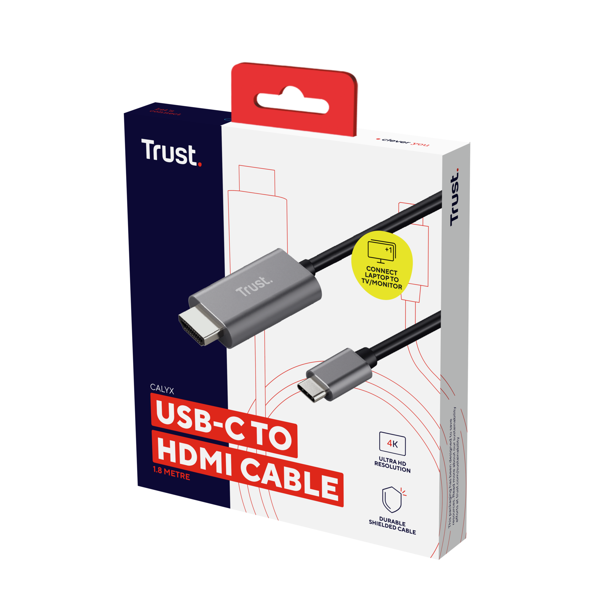 Caja de cable USB-C a HDMI. La caja muestra el cable y menciona la resolución 4K y un cable duradero.