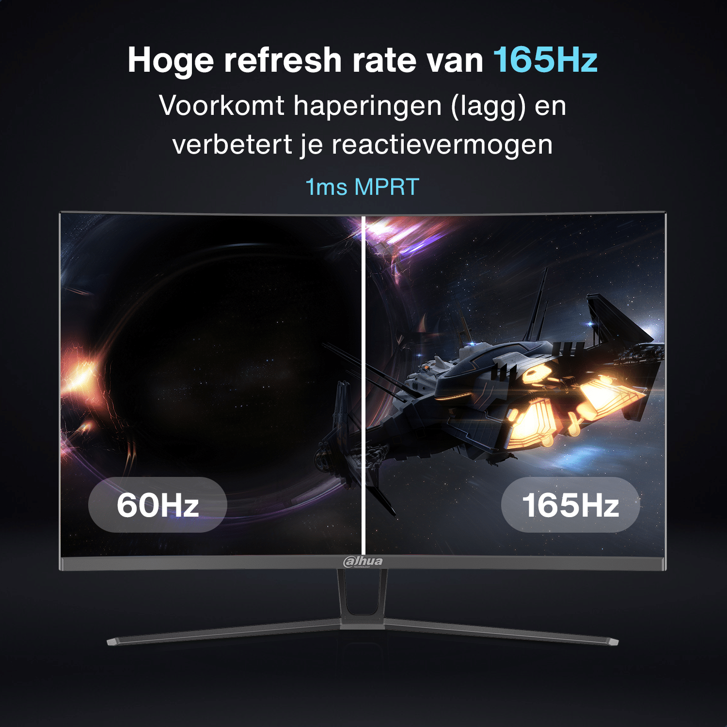 Monitor wyświetlający 60Hz vs 165Hz. Strona 165Hz pokazuje statek kosmiczny.