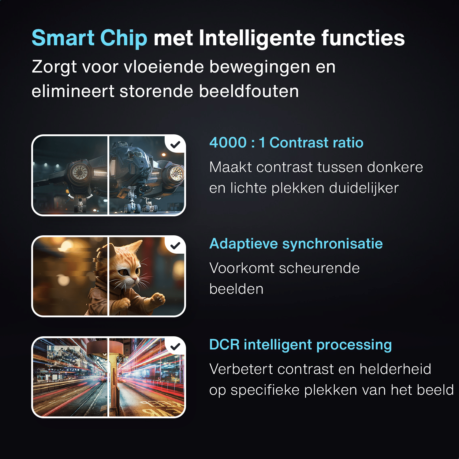 Obraz pokazujący trzy funkcje: współczynnik kontrastu, adaptacyjną synchronizację i inteligentne przetwarzanie.