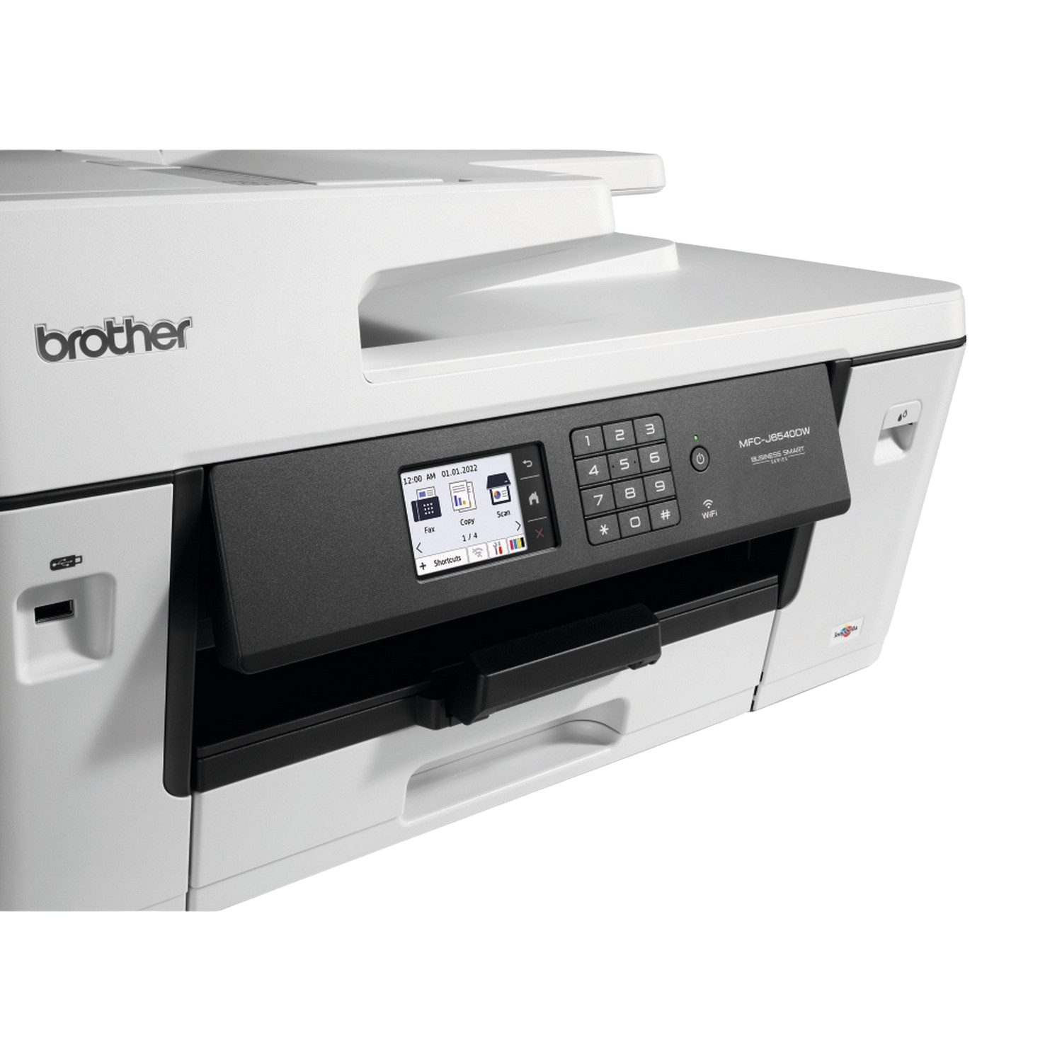 Impresora blanca y negra con pantalla y botones, una bandeja y el logotipo de Brother.
