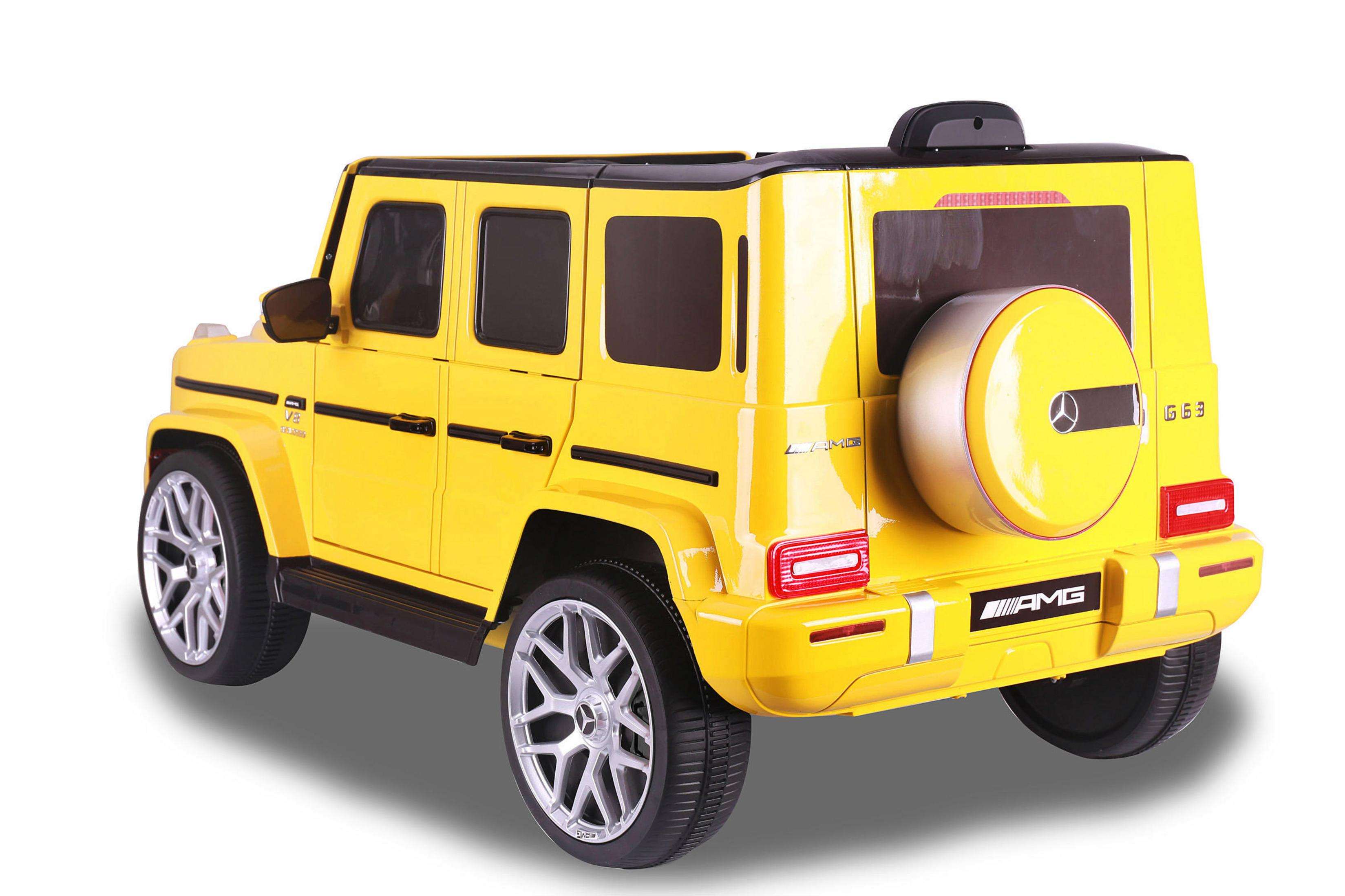 Gelbes Spielzeugauto, AMG G 63. Rückansicht. Schwarzes Dach, silberne Räder und AMG Logo Details.