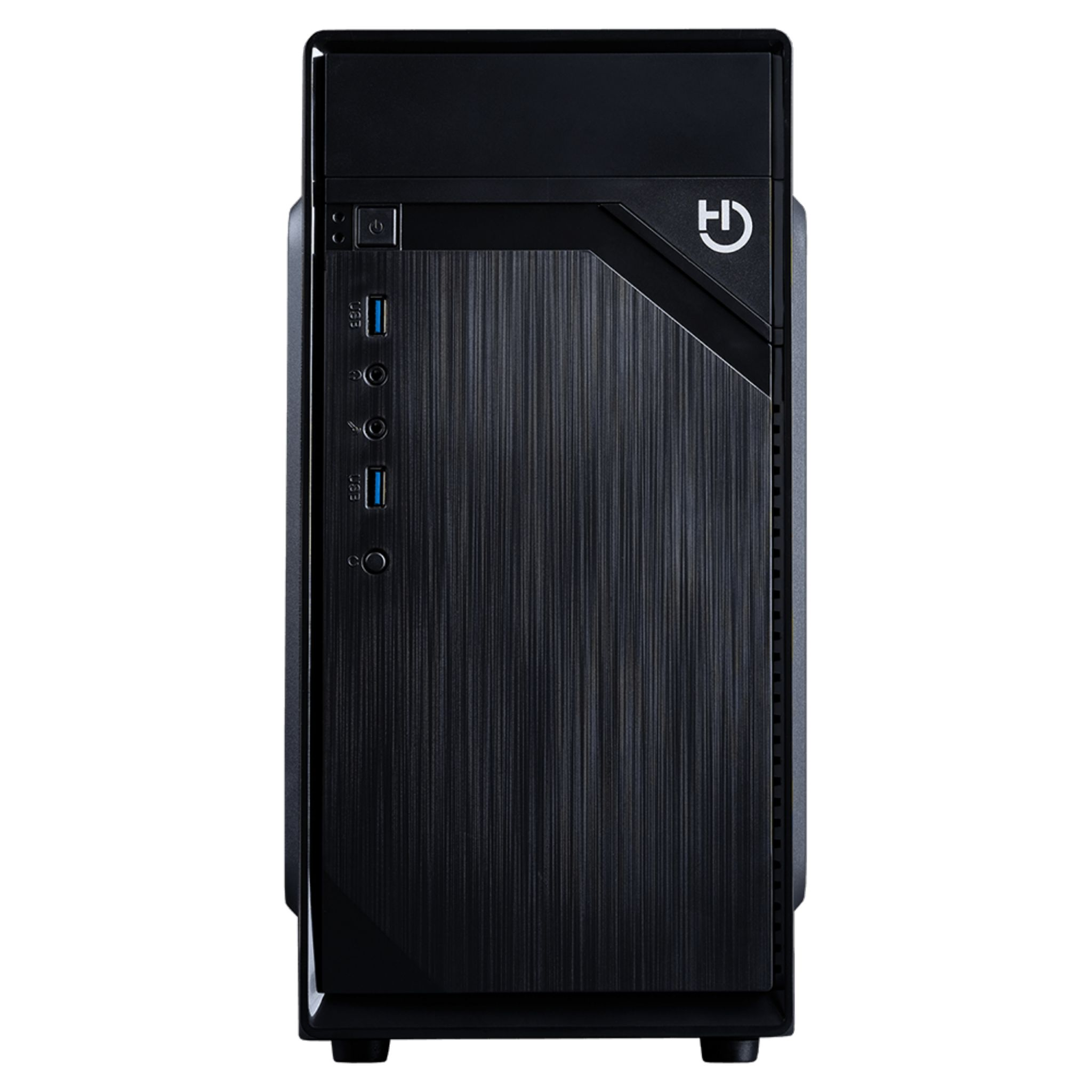 Case del computer nero con frontale in metallo spazzolato. Ha un pulsante di accensione, porte USB e il logo HD.