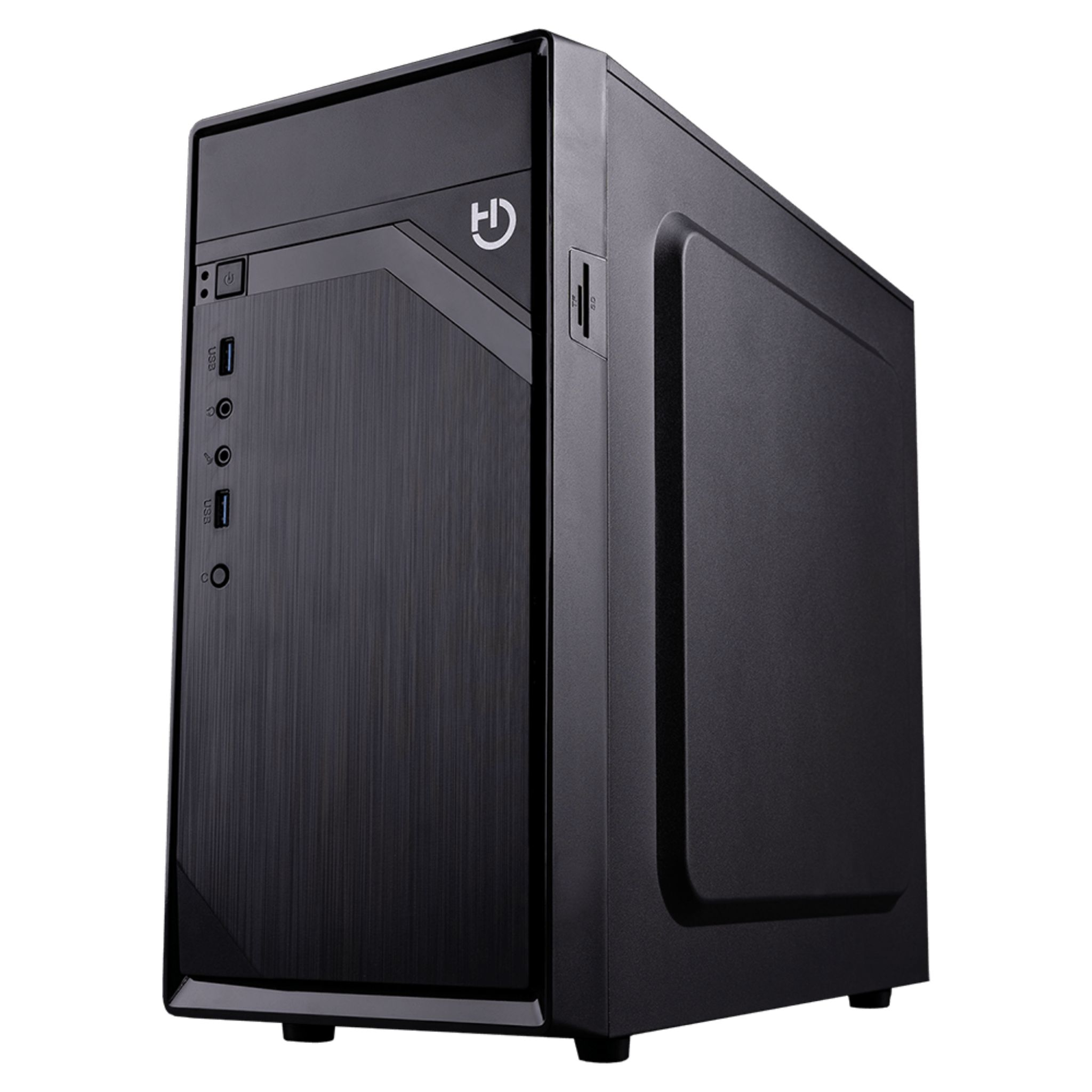 Case per computer nero. Il pannello frontale ha porte USB e pulsante di accensione. Sfondo nero pieno.