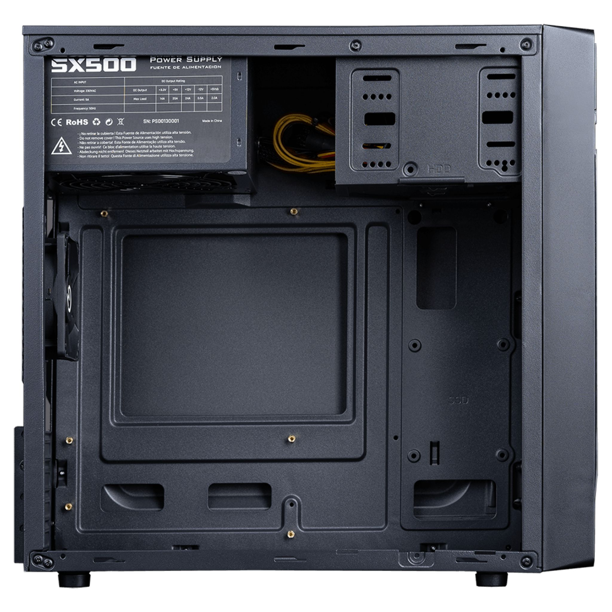 Interno di un case per computer nero, che mostra l'alimentatore e gli slot.