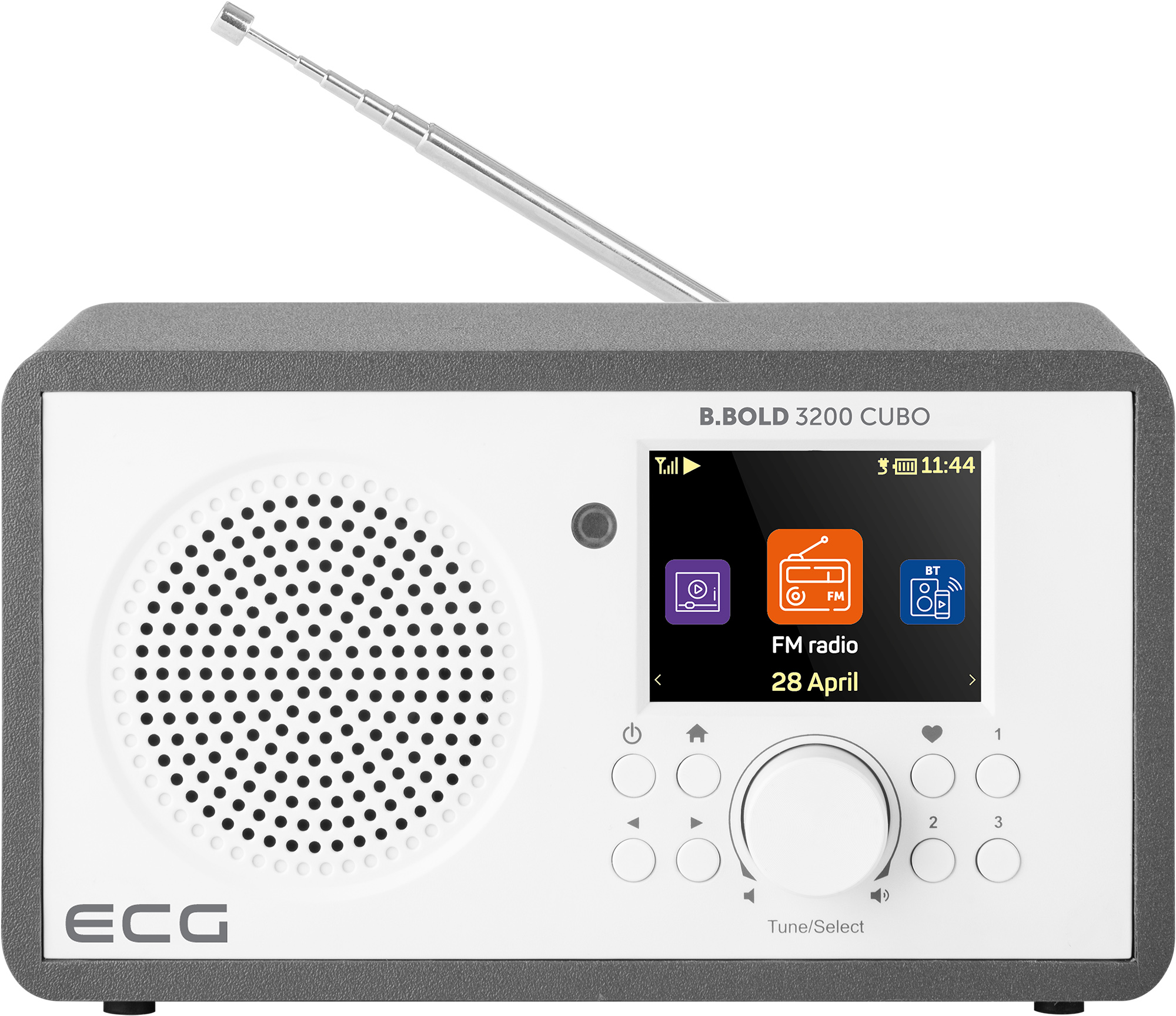 Weißes und graues Radio mit Antenne und Display.