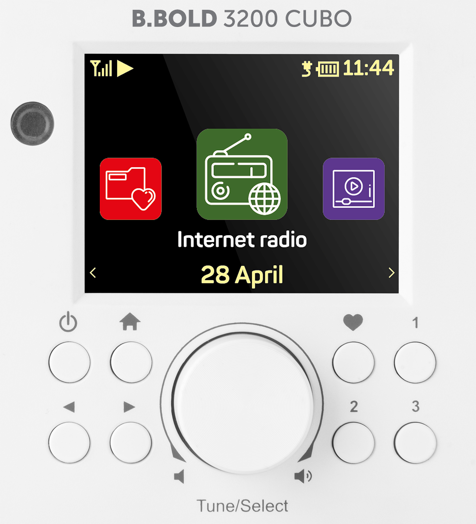 Weißes Radio mit schwarzem Display, das Symbole und Uhrzeit anzeigt. Text: 'B.BOLD 3200 CUBO'.