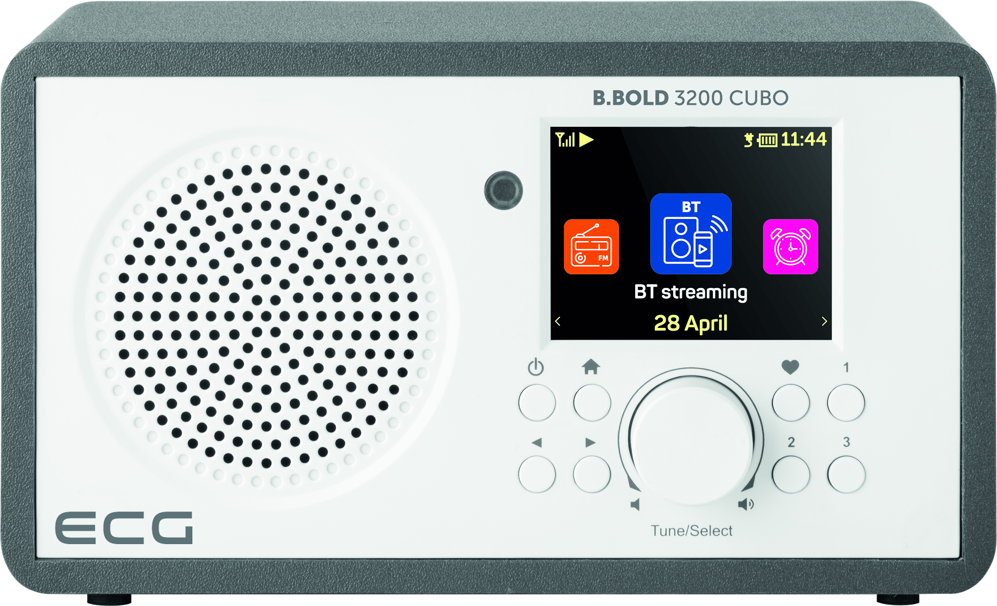 Weißes und graues Radio mit Bildschirm, der BT-Streaming anzeigt, und Lautsprecherlöchern.