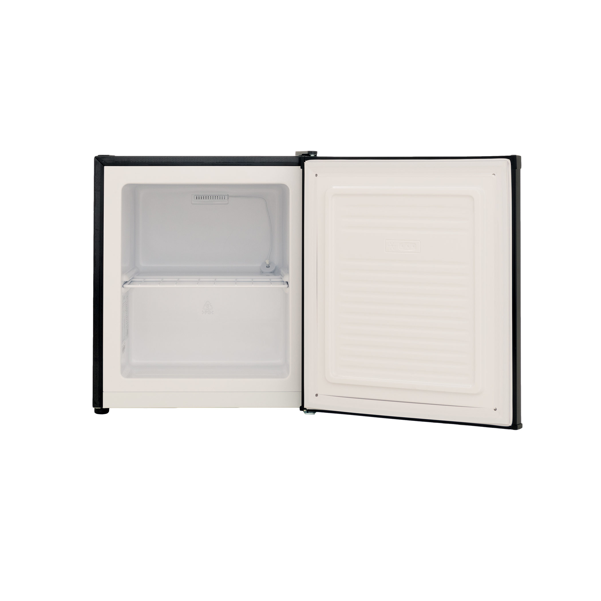 Refrigerator with an open door. Inside visible shelves and a drawer.