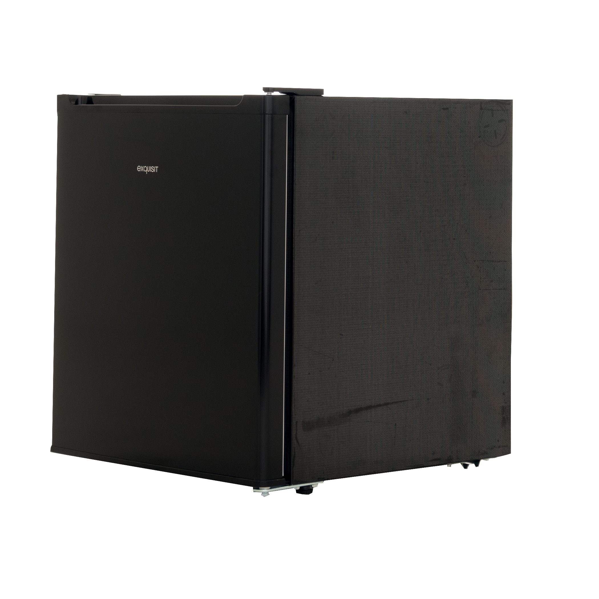 Black mini-fridge with the word "exquisit" on the front door. Isolated on white background.
