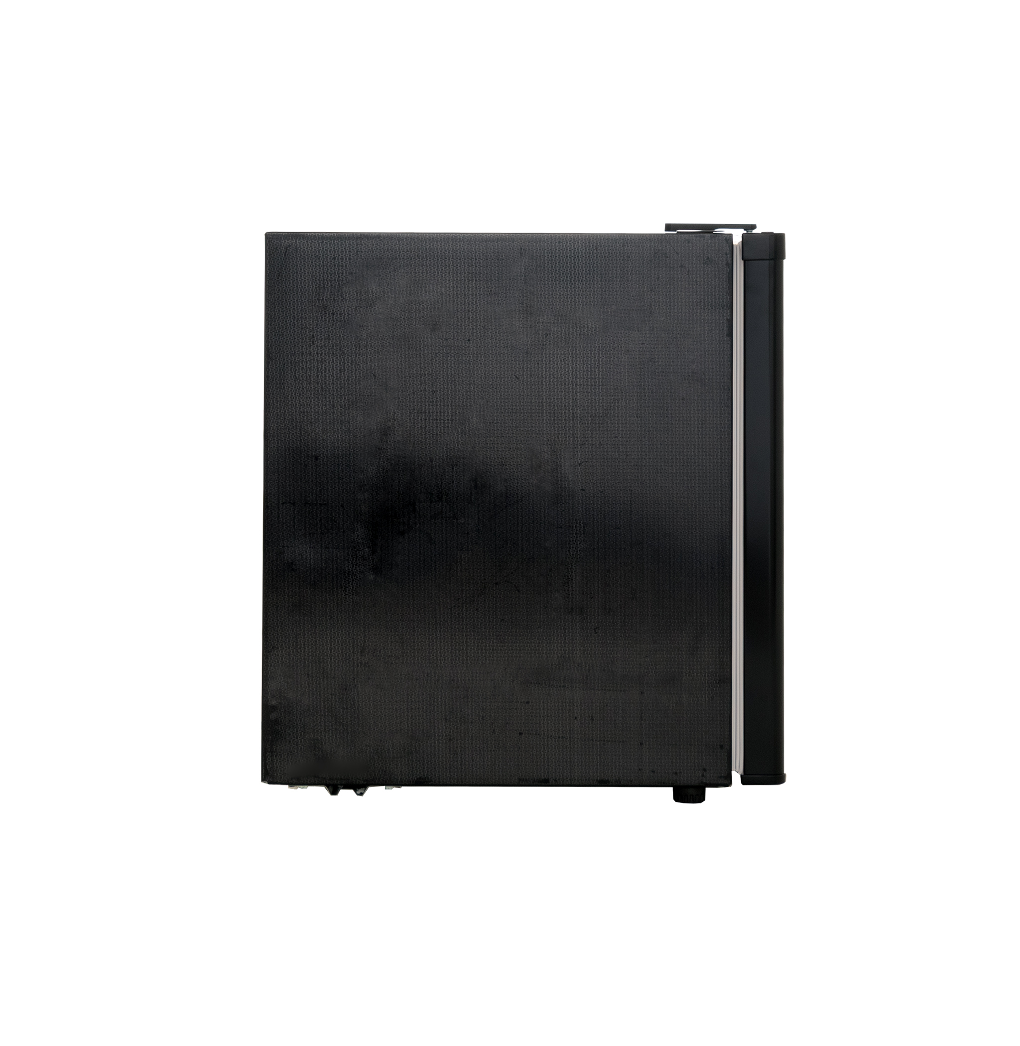 Side view of a black refrigerator. The side is textured.