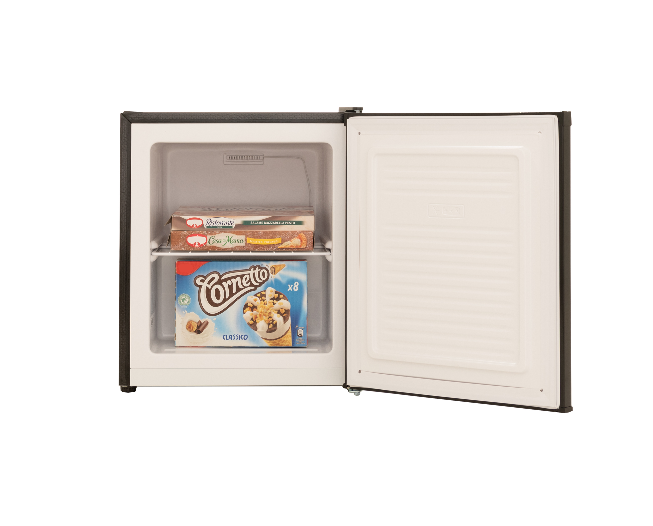 Mini fridge open, showing ice cream and frozen pizza.