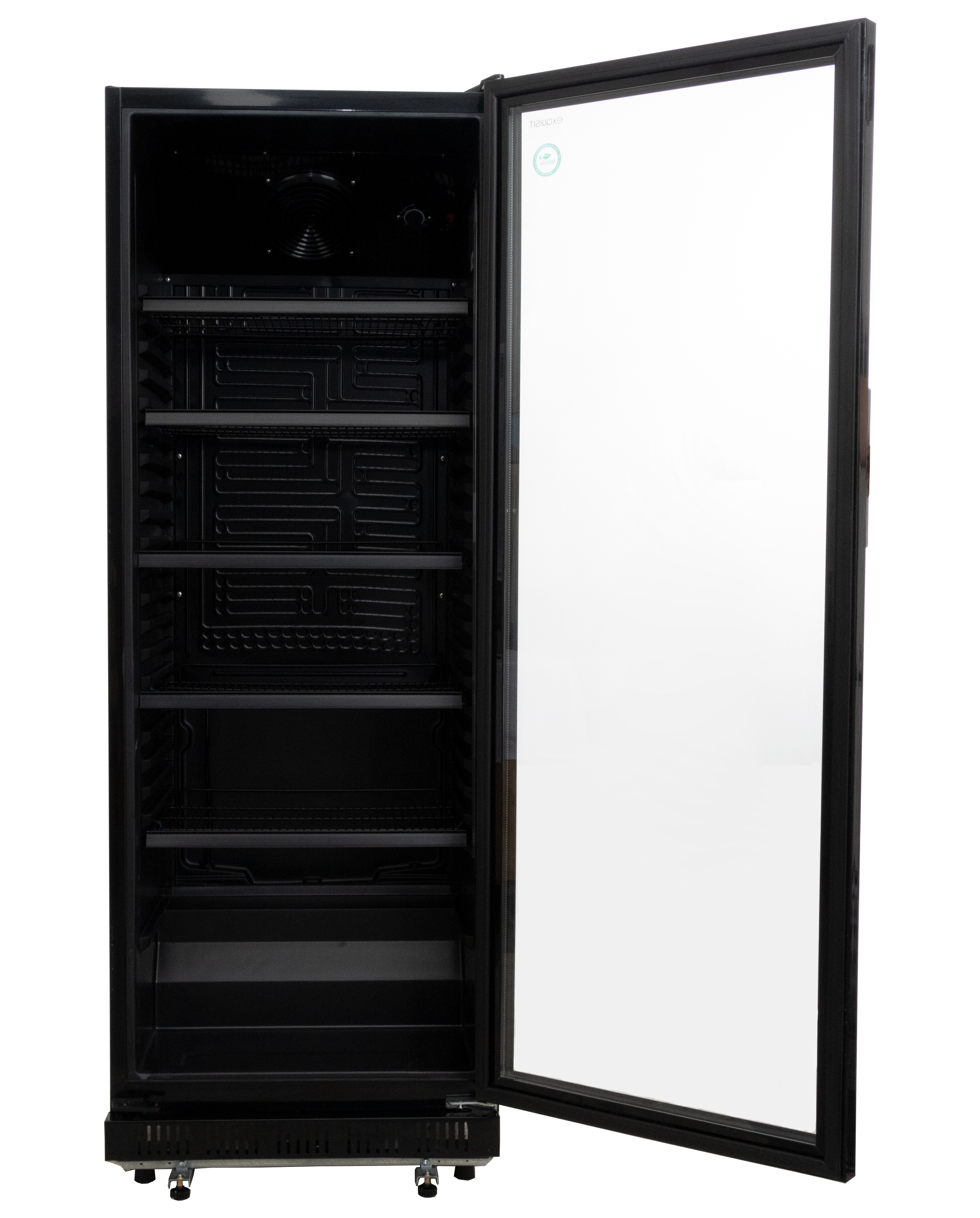 A black refrigerator with the door open, revealing shelves and interior.