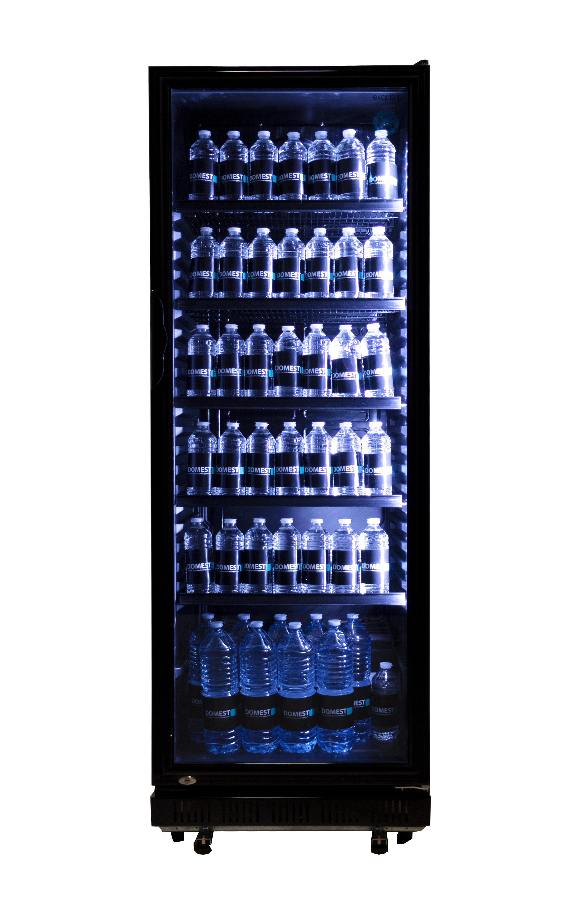 Tall, black commercial refrigerator filled with bottled water. Shelves are well lit.