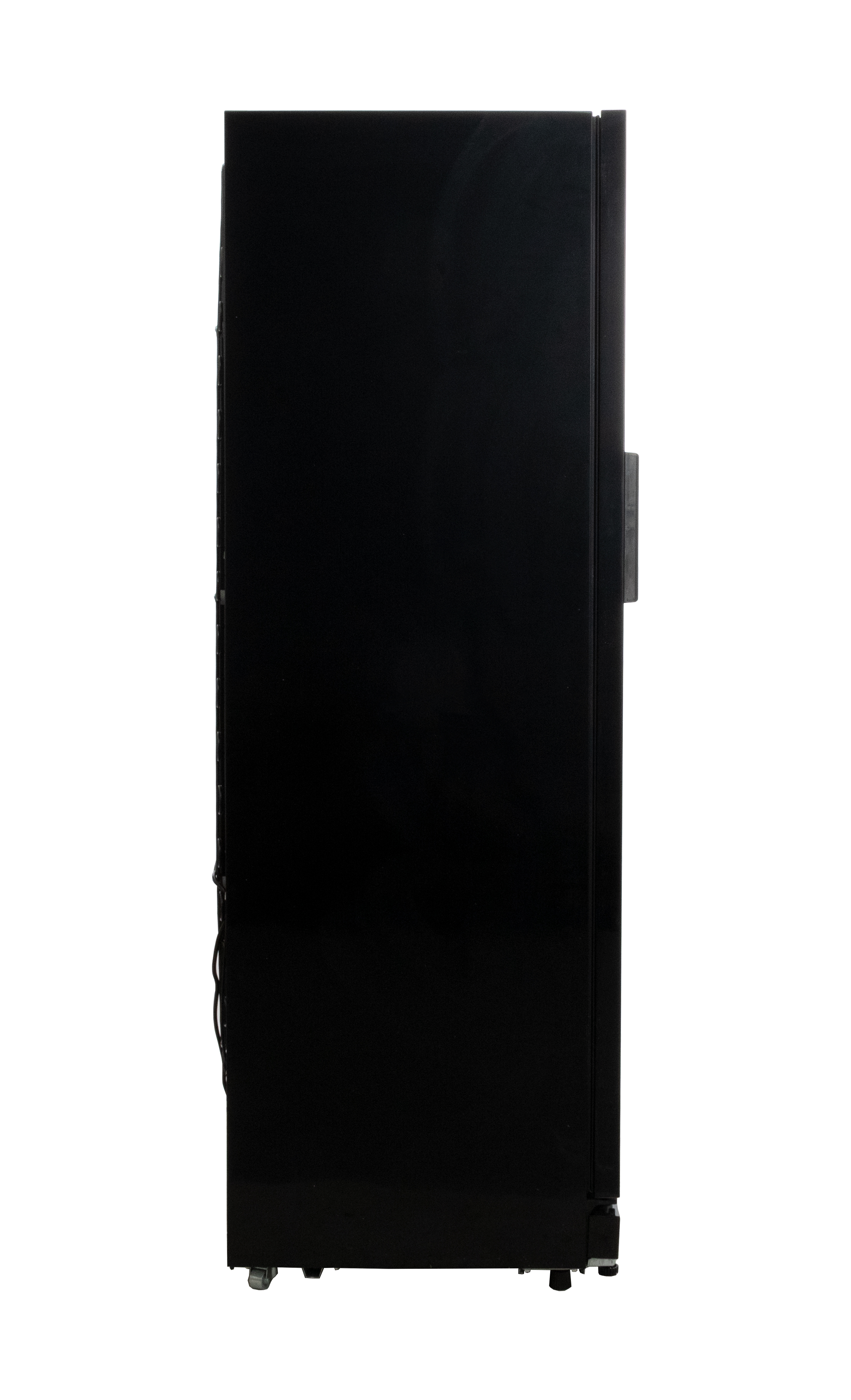 A black refrigerator from the side. The door handle is visible on the right side.
