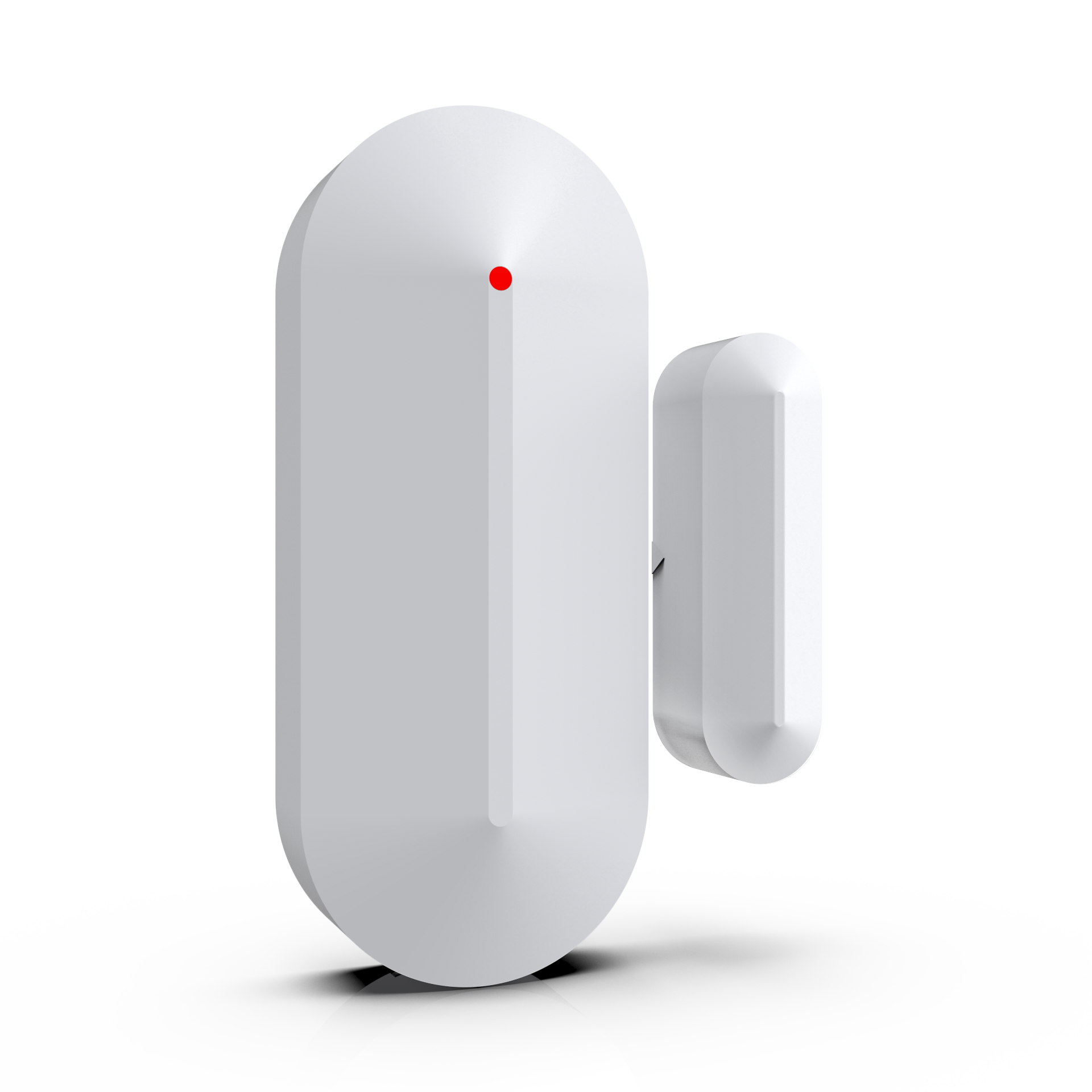 Ein weißer, oval geformter Sensor und ein kleineres, ähnliches Stück daneben. Ein rotes Licht ist sichtbar.