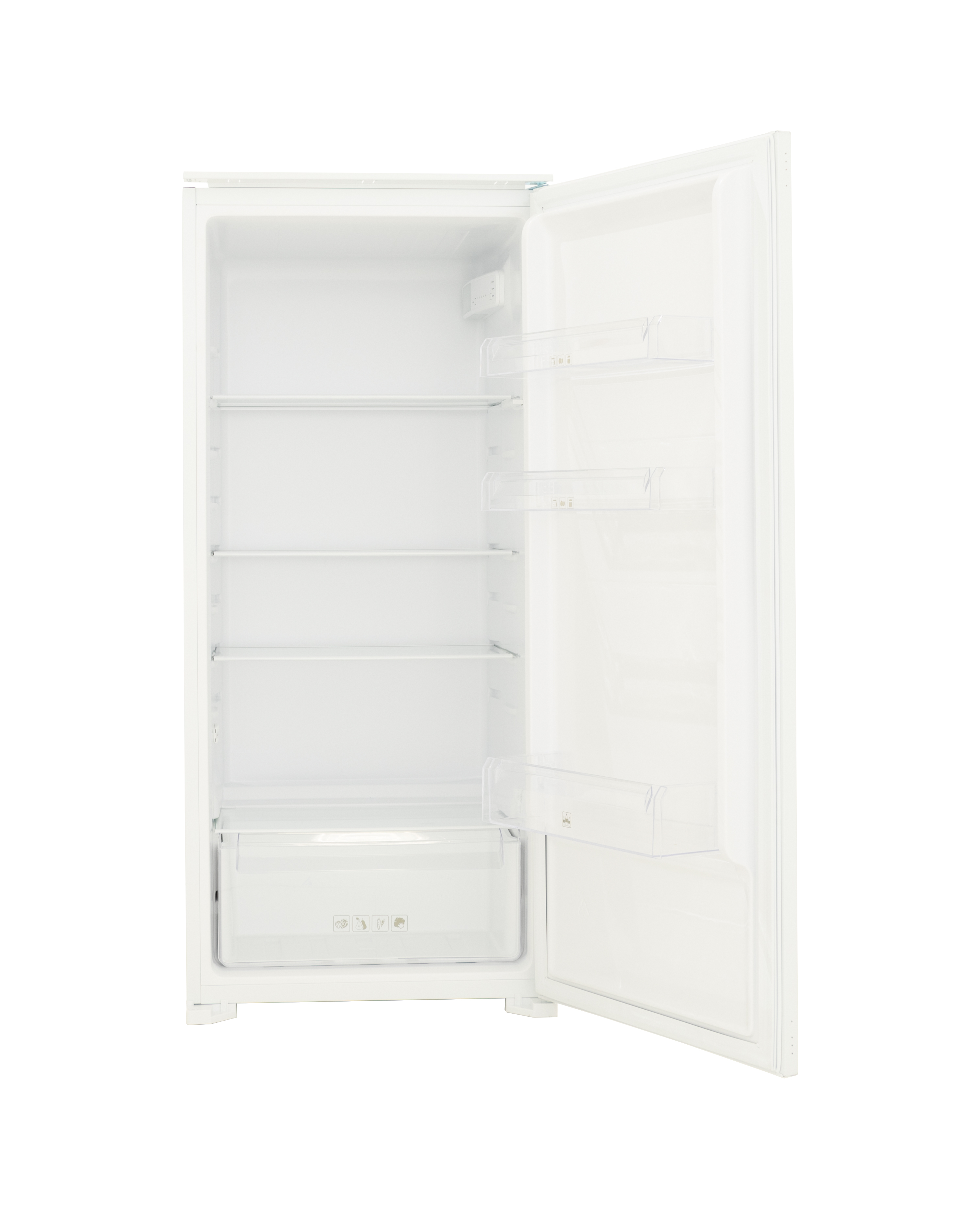 White fridge with door open, showing shelves and freezer. White interior, white background.