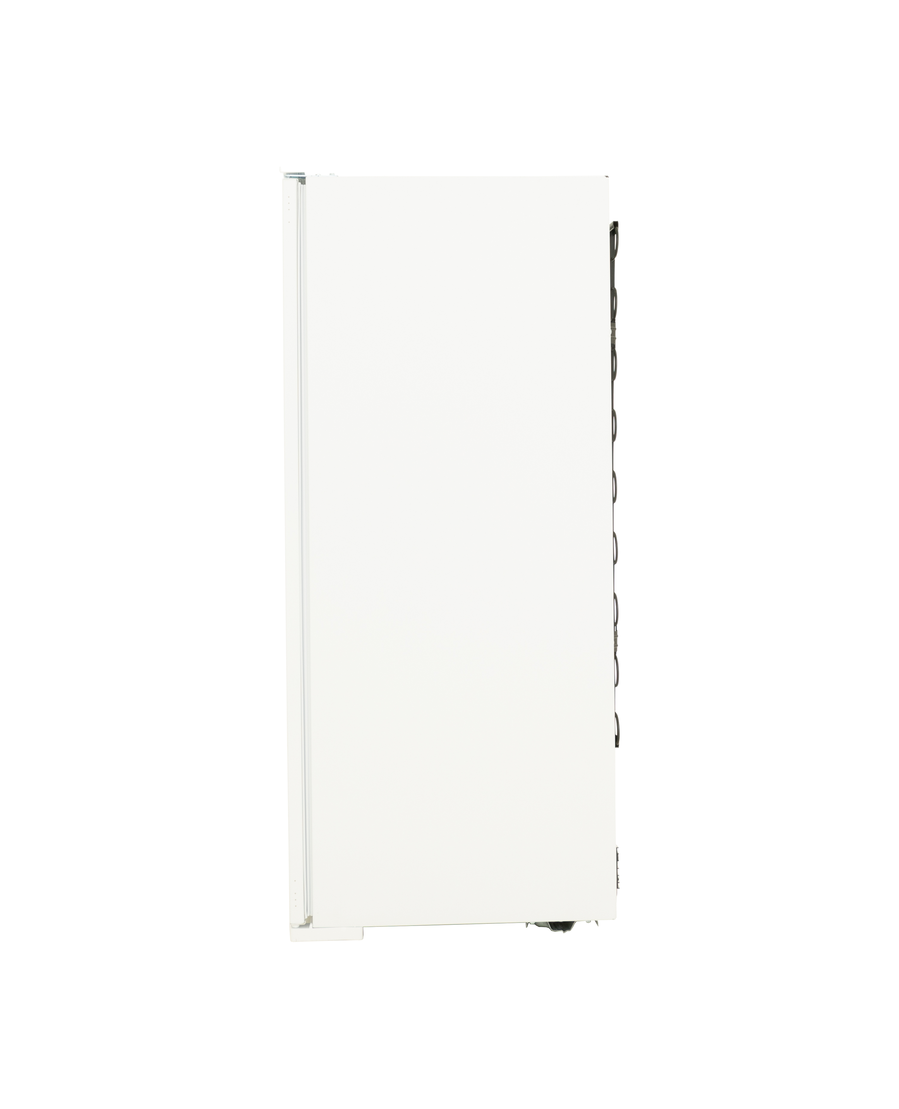 White fridge door. A tall, white rectangle with a black trim.