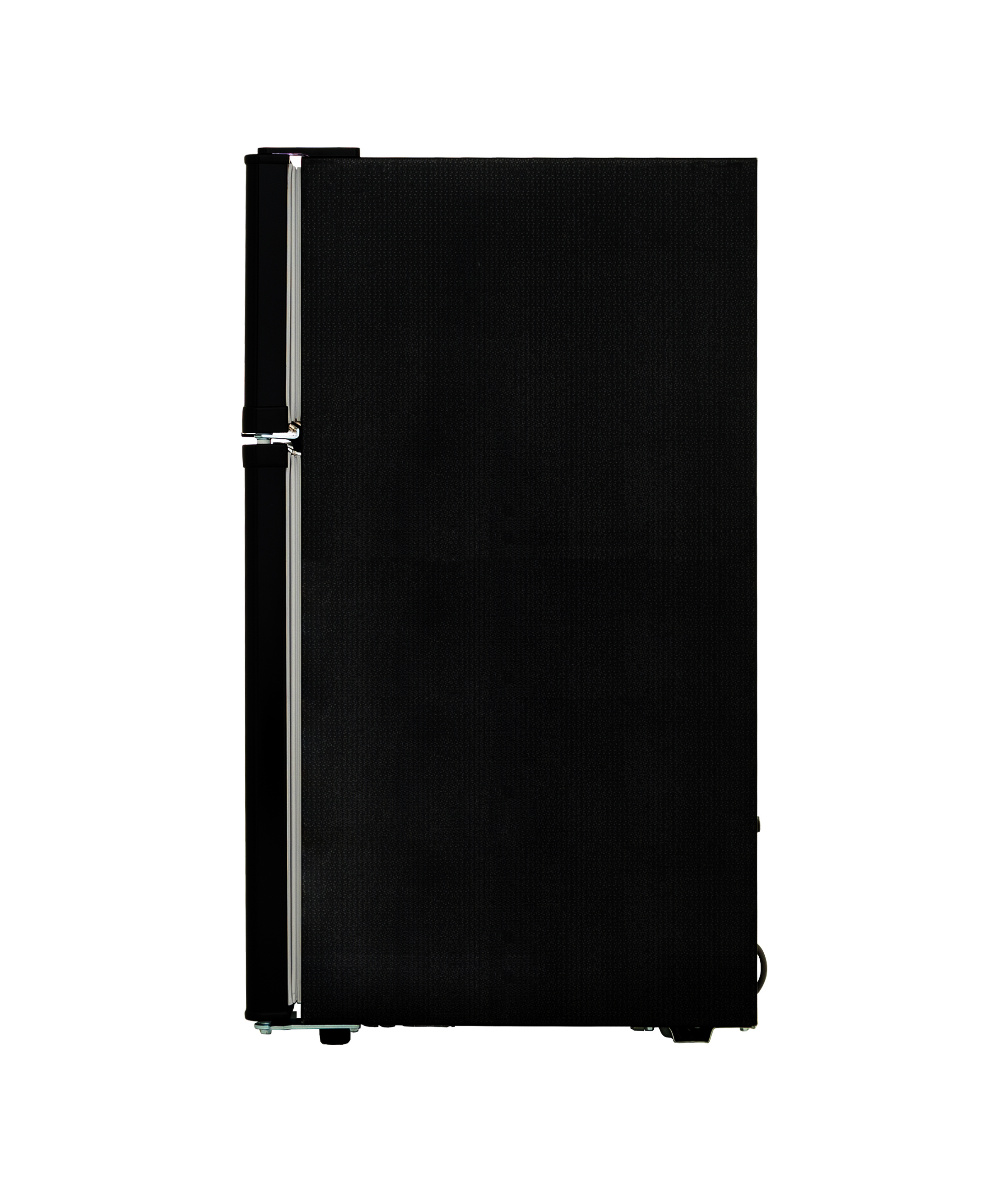 Un réfrigérateur noir vu de côté. Il a une poignée de porte et une garniture blanche.