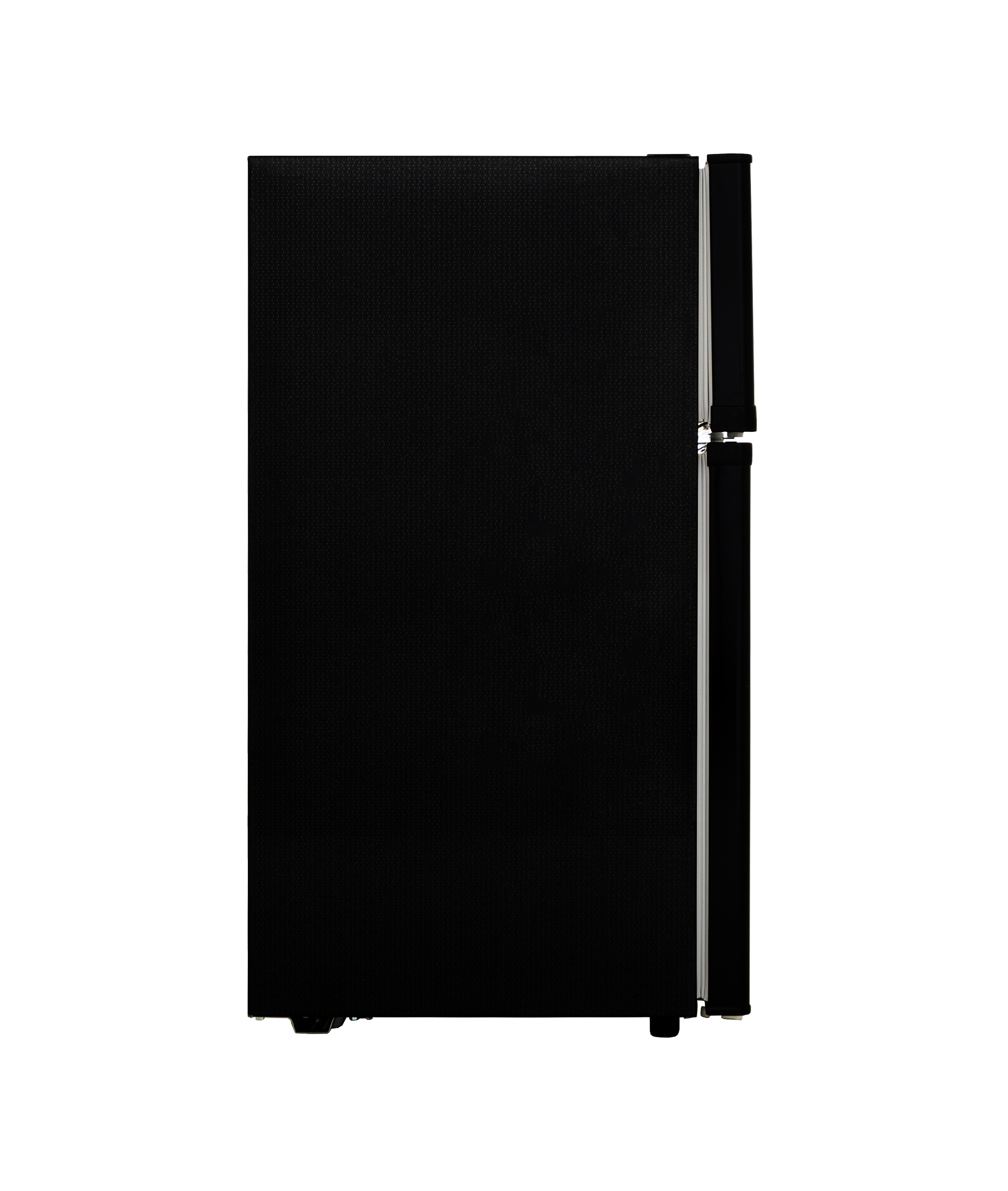 Réfrigérateur noir, vue latérale. La porte a une surface noire avec une garniture argentée verticale.