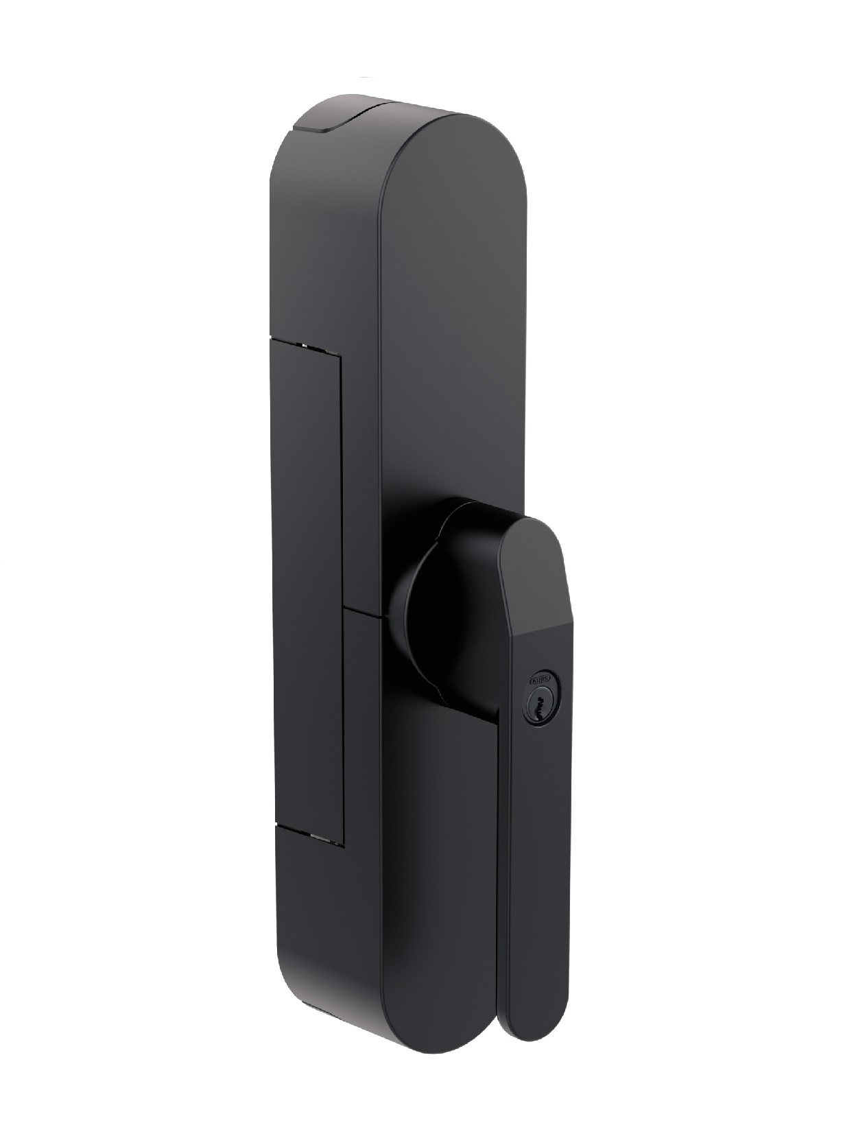 Schwarzer Türgriff mit Schlüsselloch. Schlankes Design, schwarze Ausführung, Nahaufnahme.