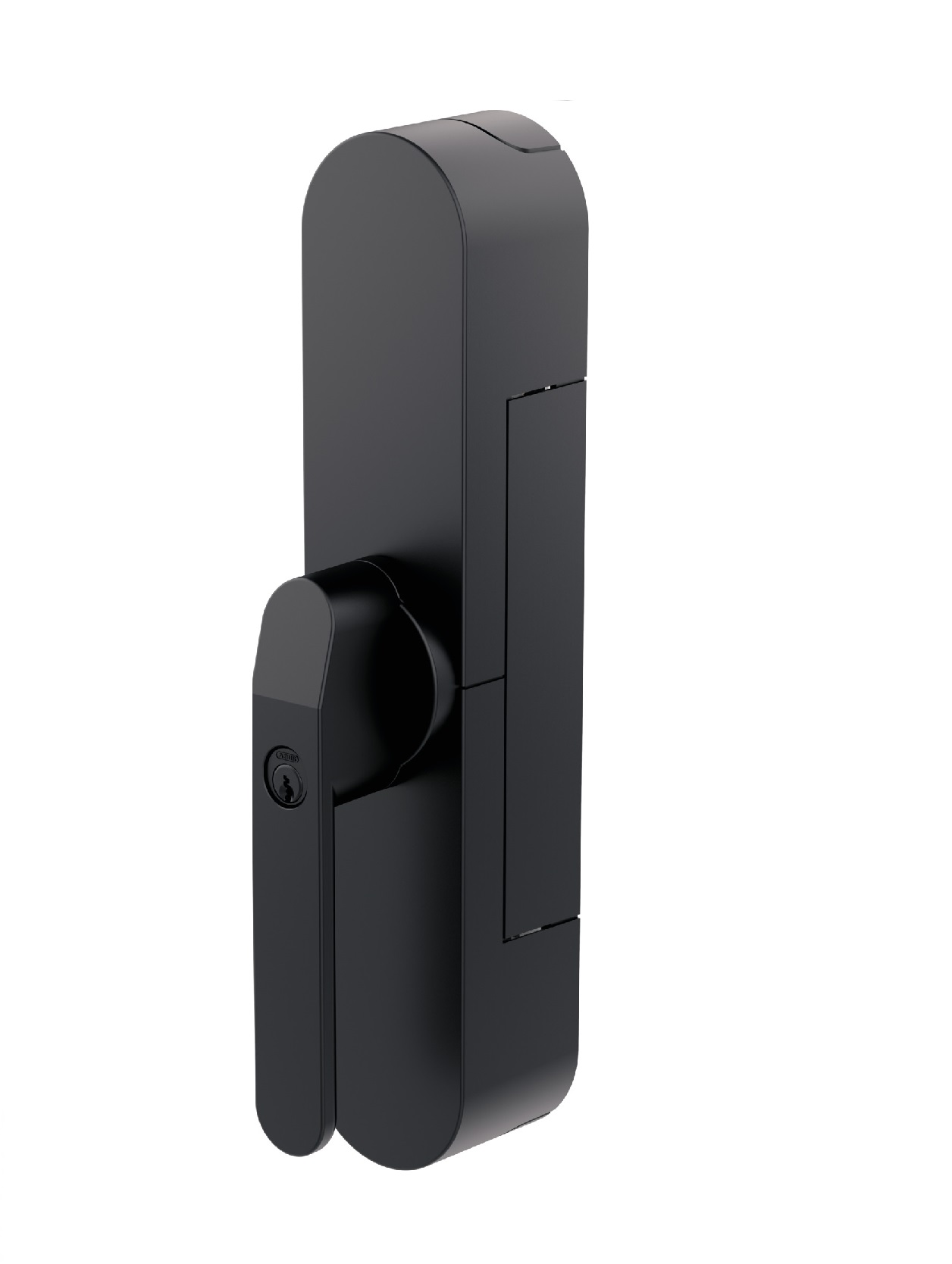 Schwarzer Türgriff, modernes Design, mit Schlüsselloch, isoliert auf weißem Hintergrund.