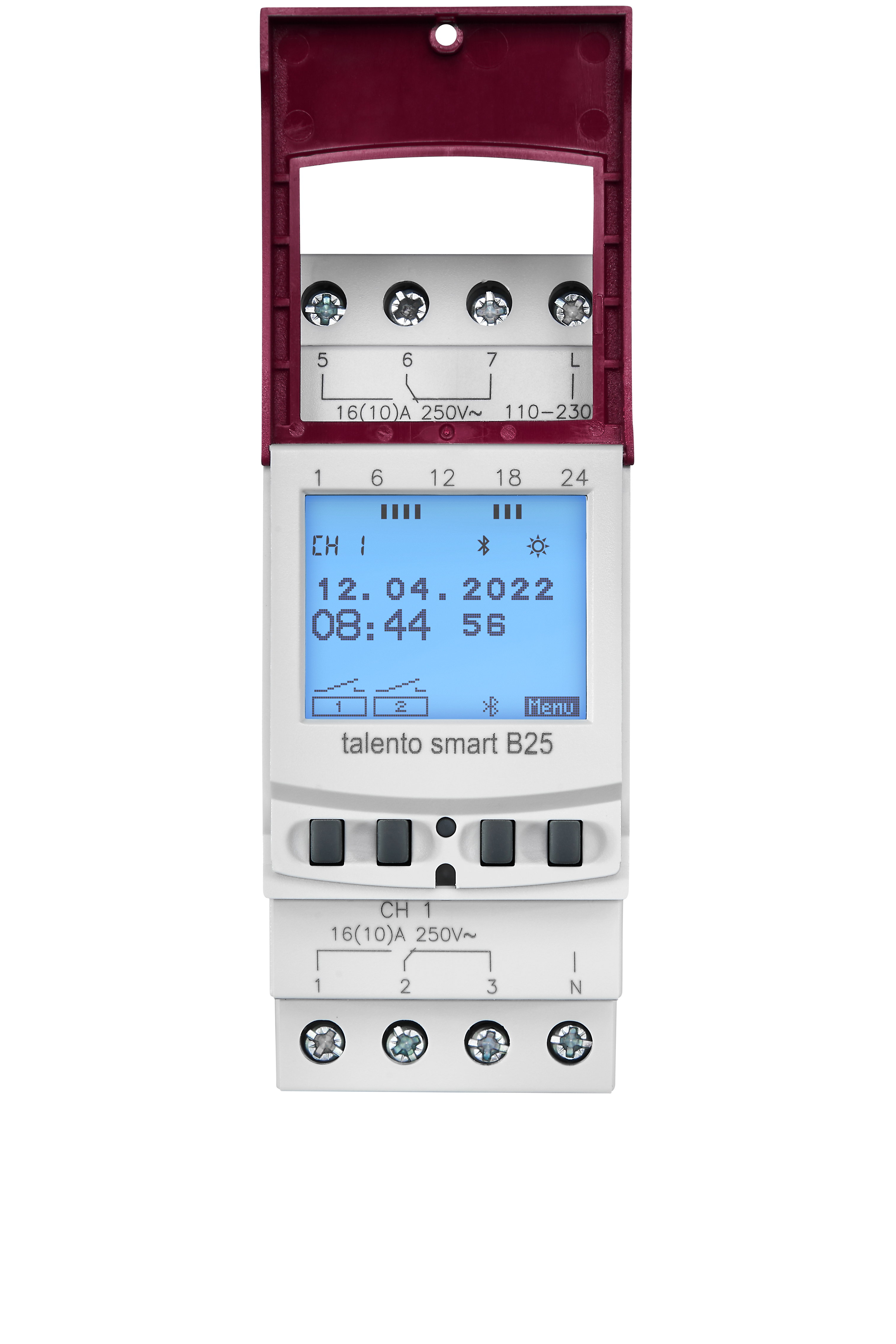 Ein weißer digitaler Timer mit blauem Bildschirm, der Zeit und Datum anzeigt.