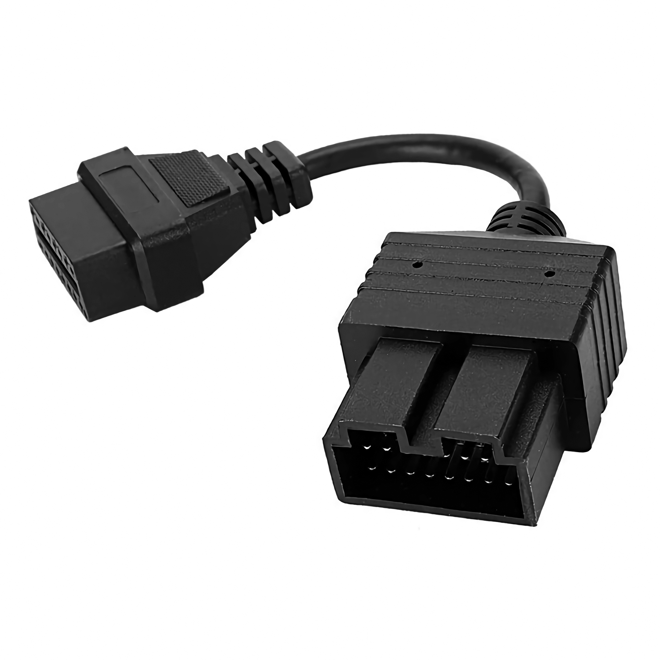 Schwarzer OBD2-Diagnoseanschluss. Zwei Anschlüsse. Schwarzes Kabel. Weißer Hintergrund.