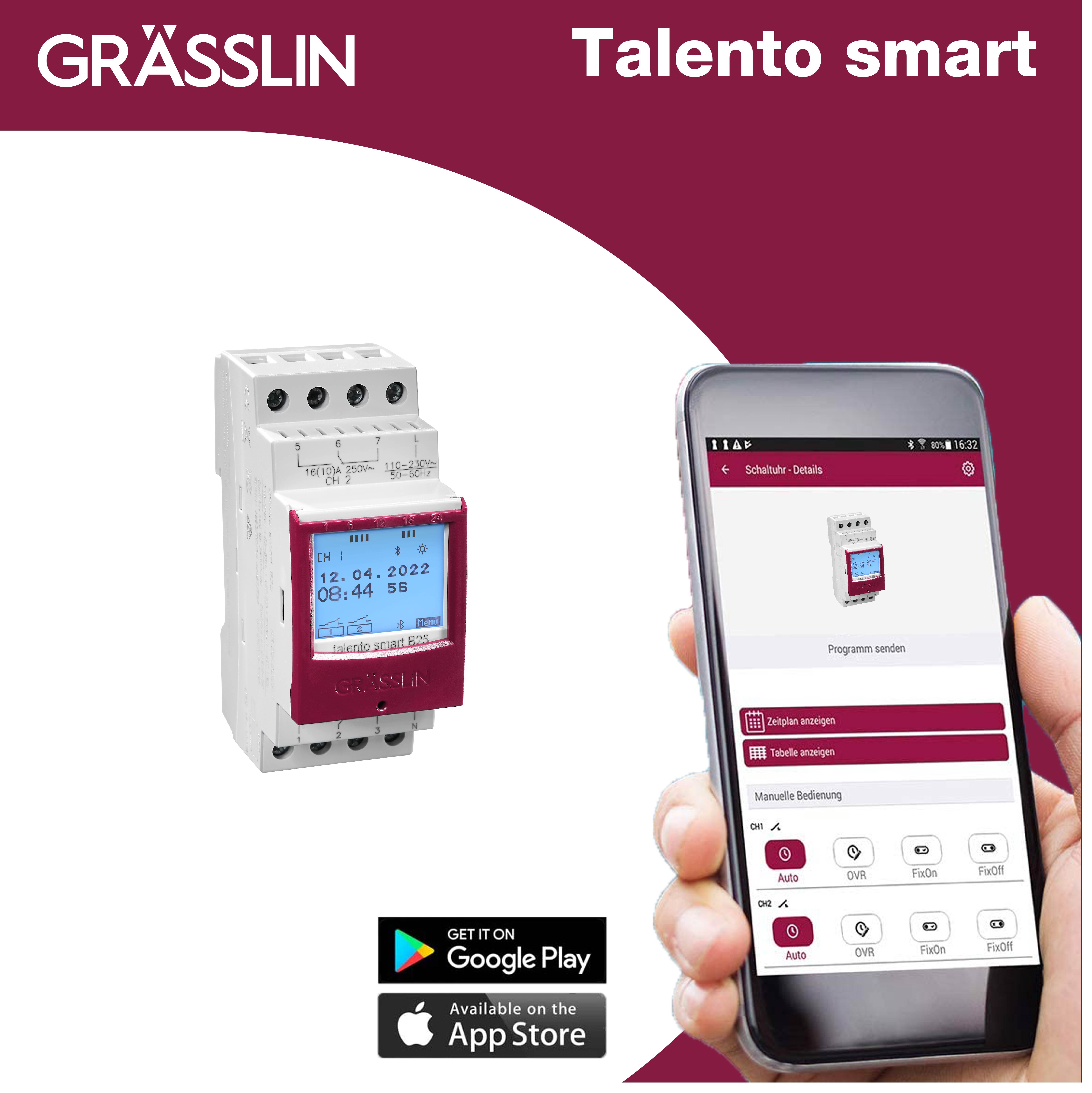 Smarter Timer von GRÄSSLIN links mit Smartphone rechts, das App-Oberfläche zeigt.