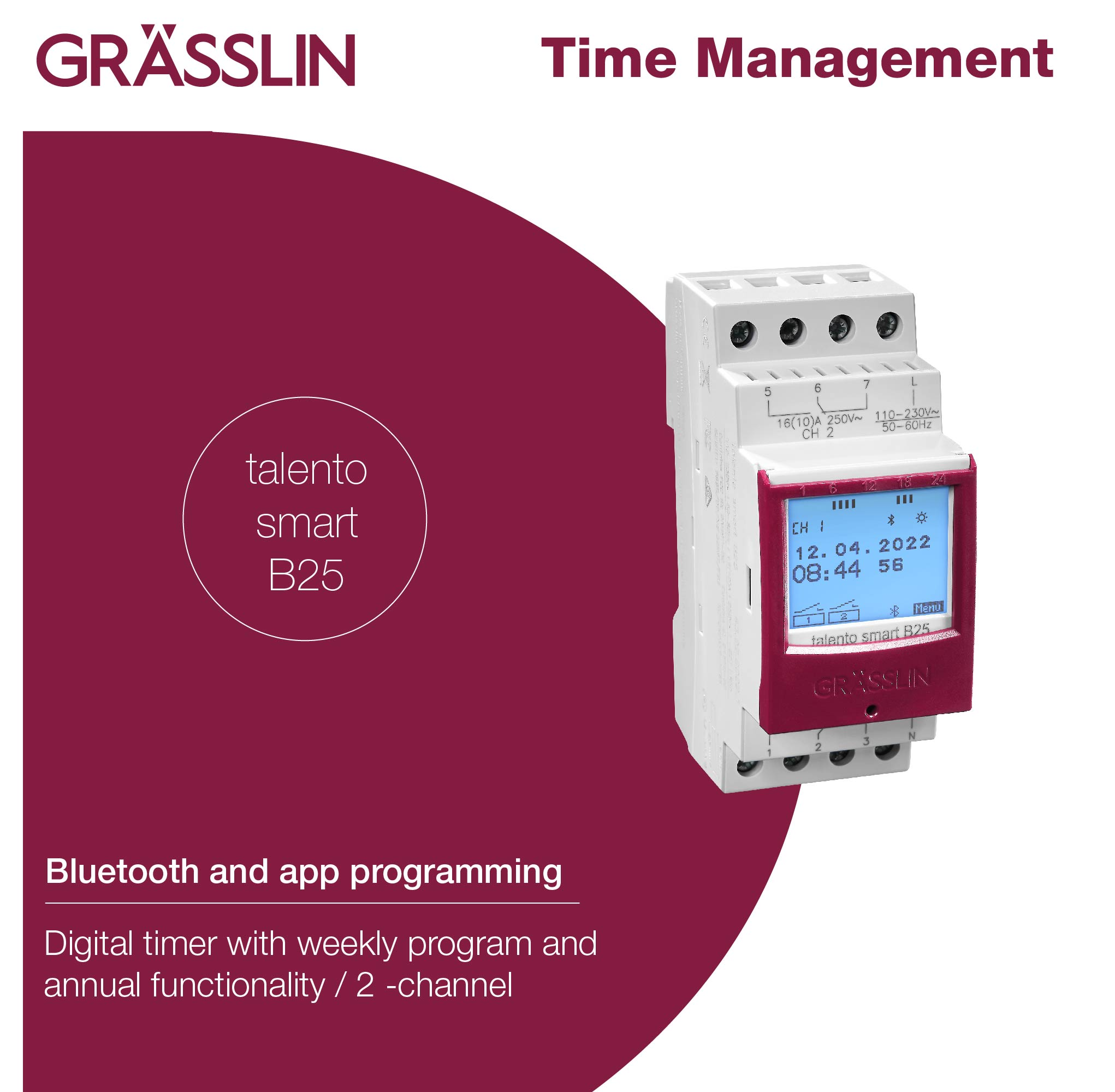 Ein digitaler Timer mit Bildschirm zeigt Zeit und Text an. Die Marke ist GRÄSSLIN. Der Titel ist Zeitmanagement.