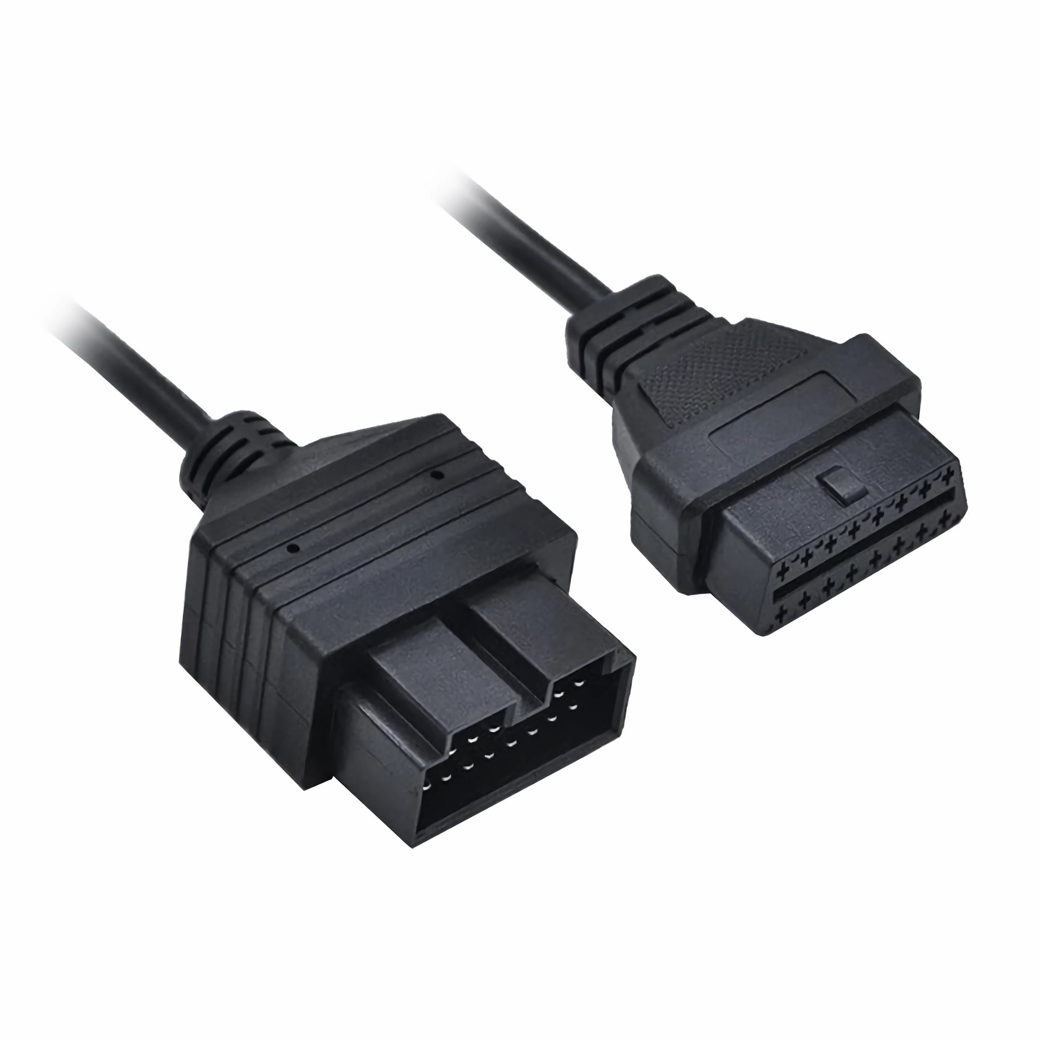 Schwarzes OBD2-Kabel mit zwei Steckern, schräge Aufnahme, weißer Hintergrund.