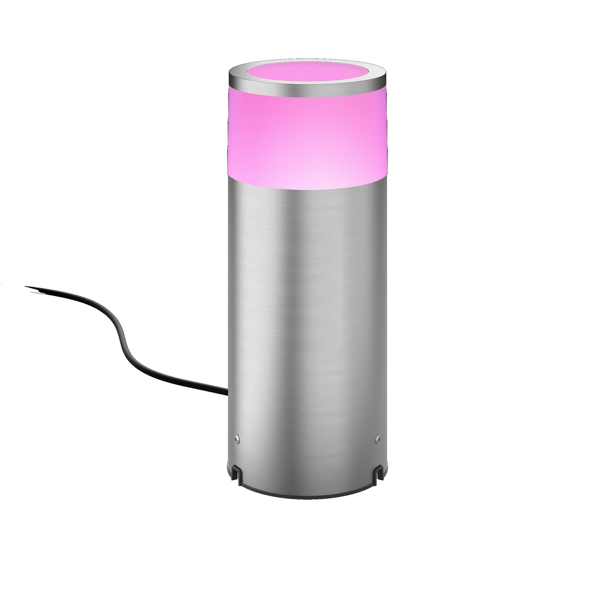 Cilindrische lamp met roze bovenkant en zilveren voet, met een zwart snoer.