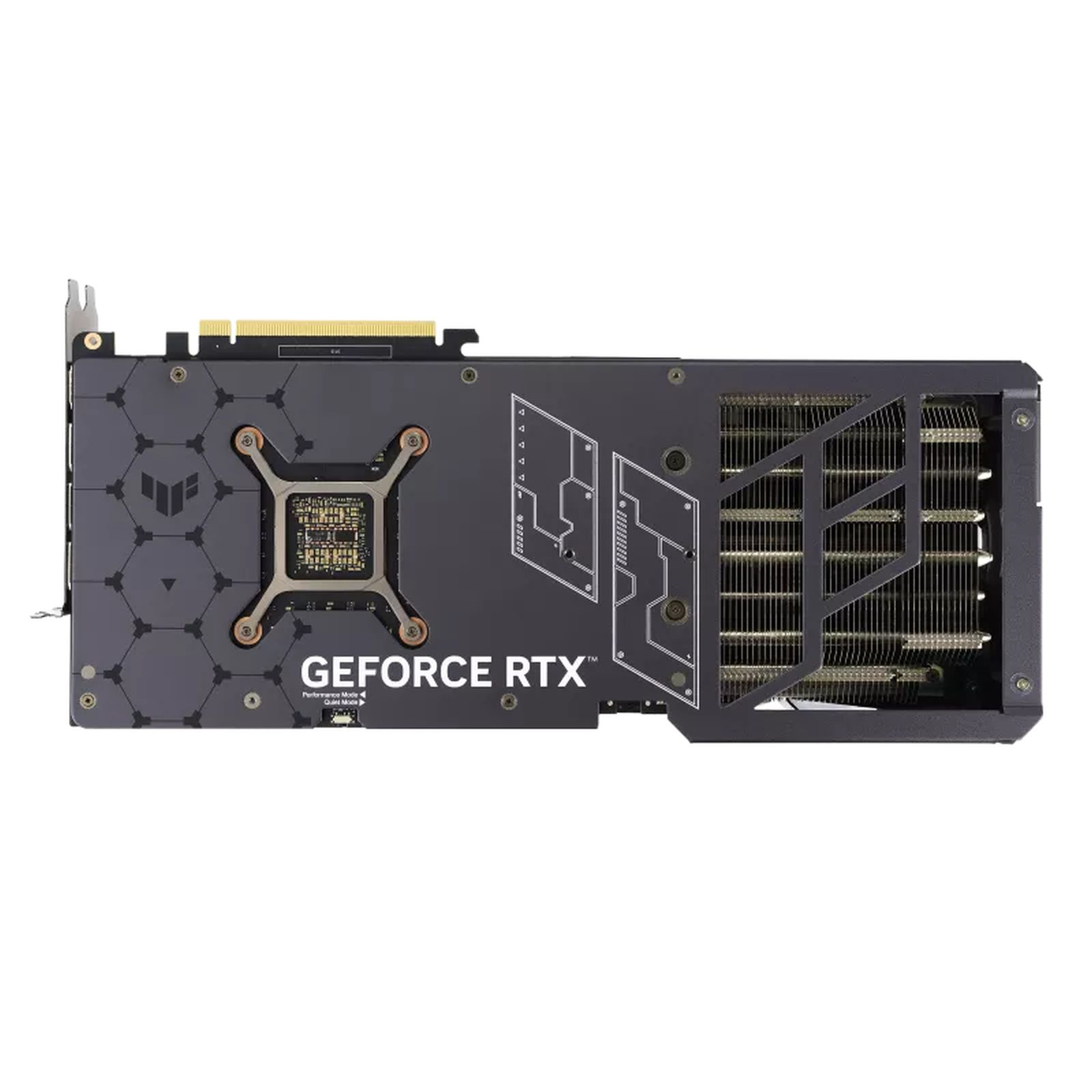 Scheda grafica GeForce RTX, vista posteriore, con design in metallo nero e ventole.