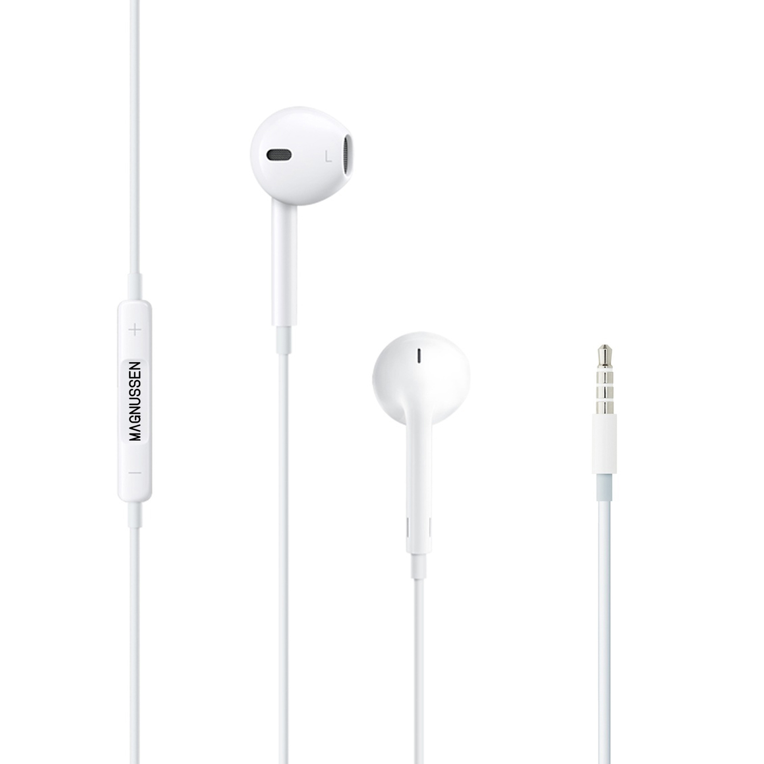 Auriculares blancos con cable blanco, control y el nombre de la marca Magnusson.