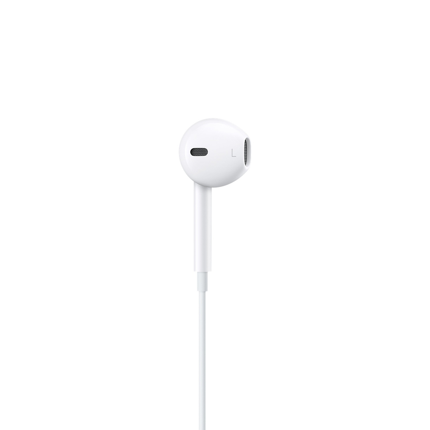 Auriculares blancos de Apple con micrófono y cable blanco, sobre fondo blanco.