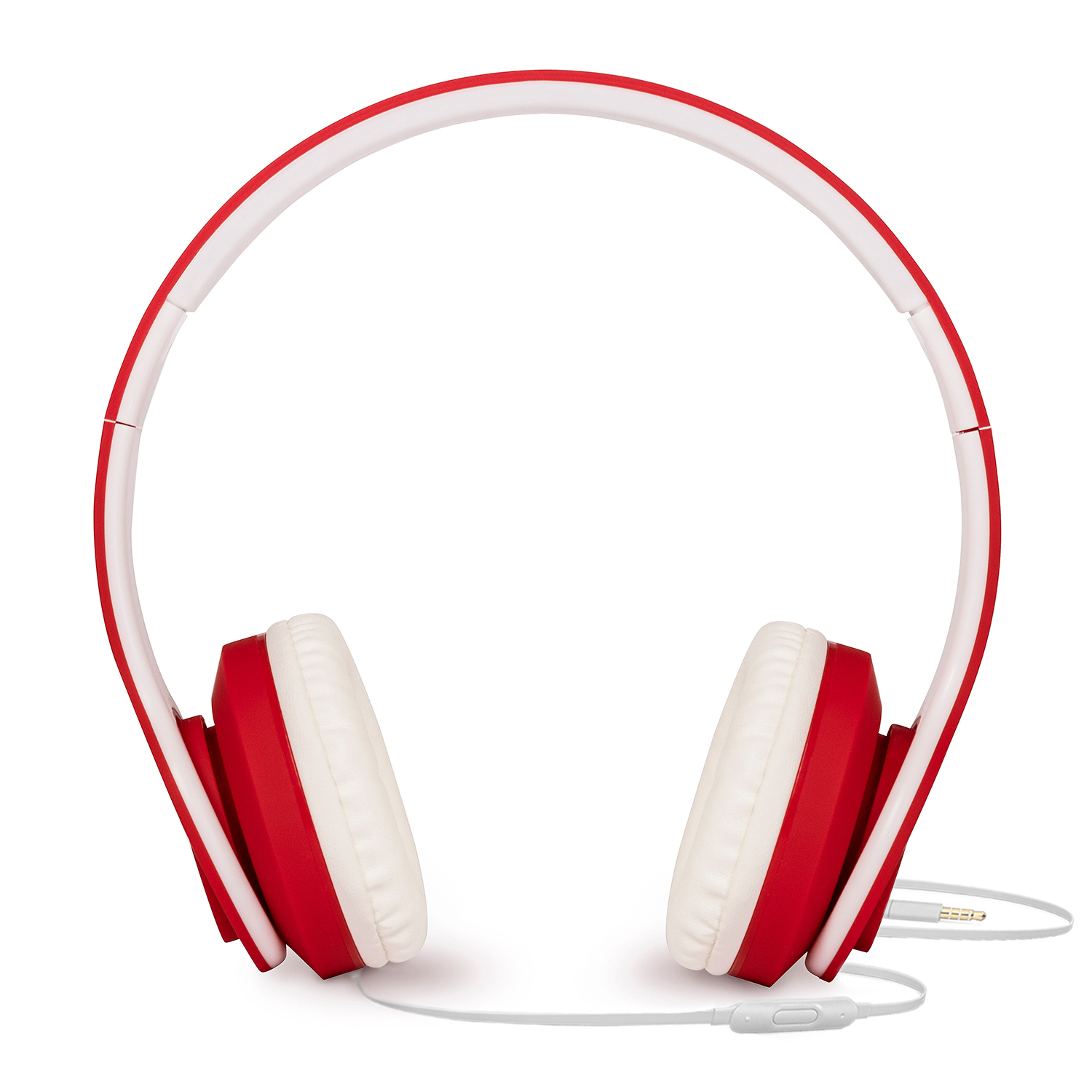Auriculares rojos y blancos con cable blanco y conector jack de 3,5 mm.