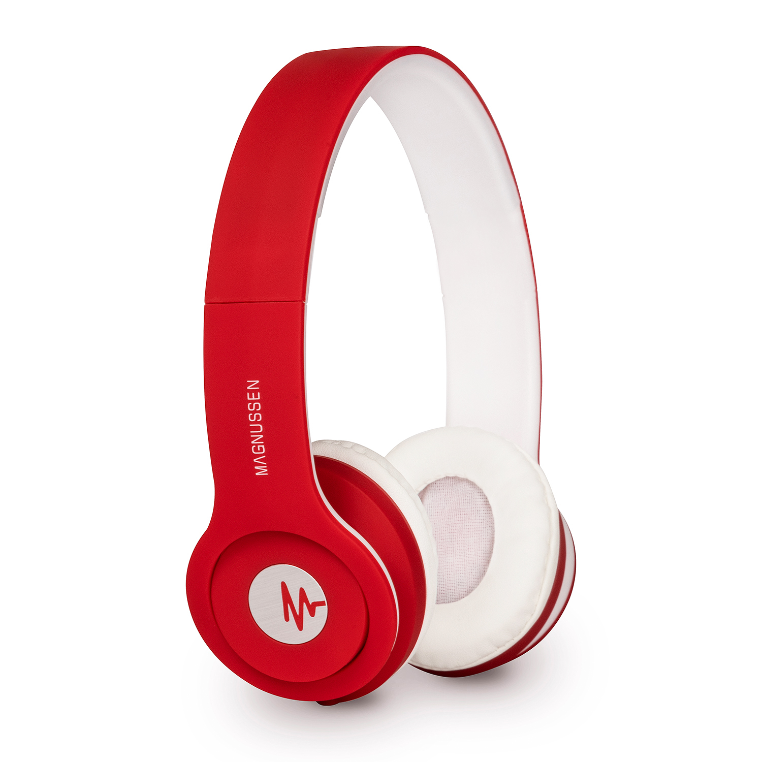 Auriculares Magnusson rojos y blancos. Los auriculares están sobre un fondo blanco.
