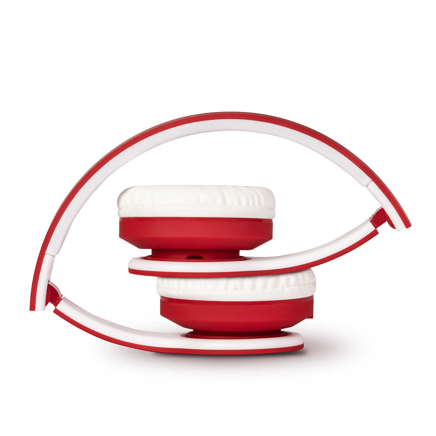 Auriculares rojos y blancos, plegados. Las almohadillas son blancas y la estructura es roja y blanca.
