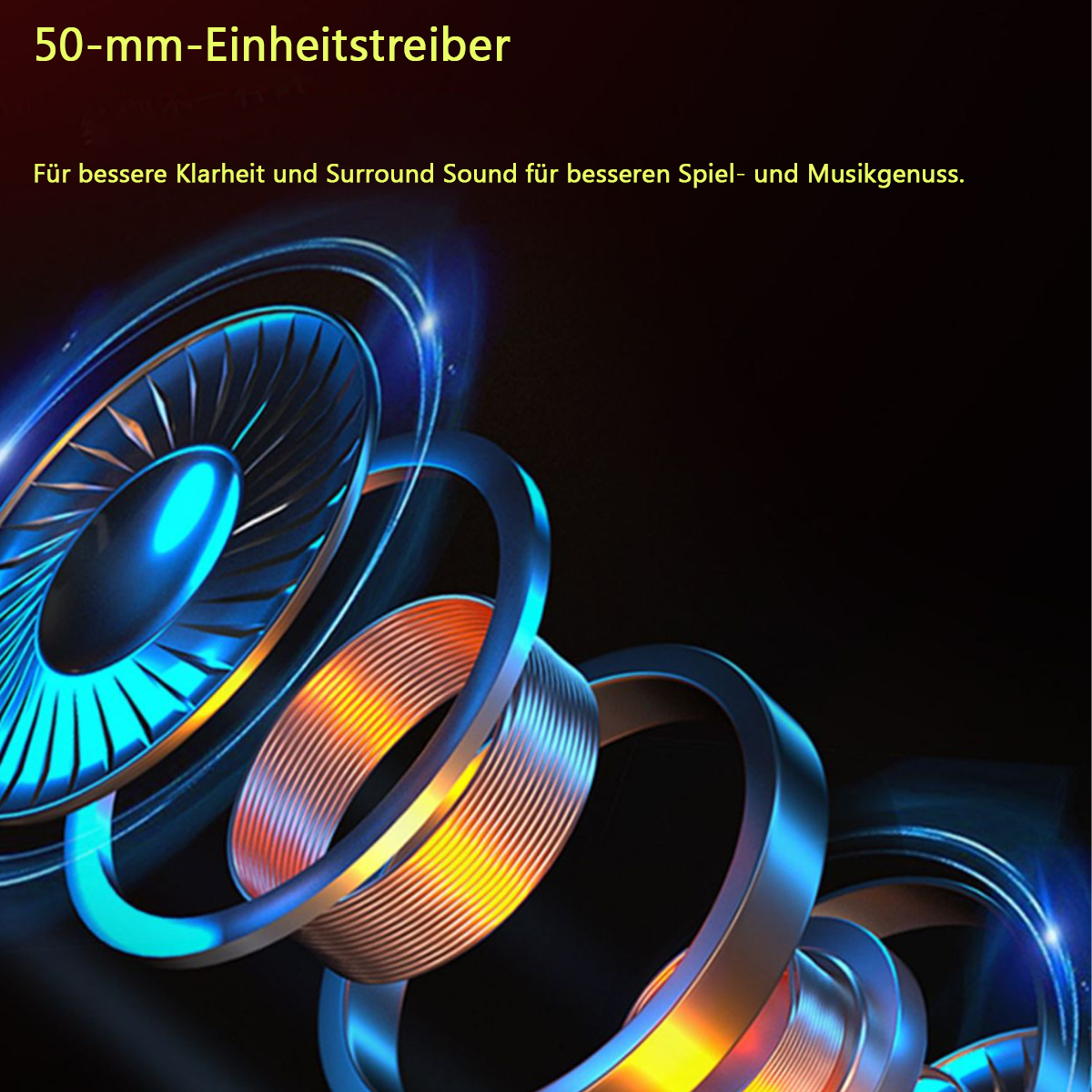 Illustration eines Lautsprechertreibers mit Ringen und metallischem Aussehen, mit blauen und orangefarbenen Lichtern.