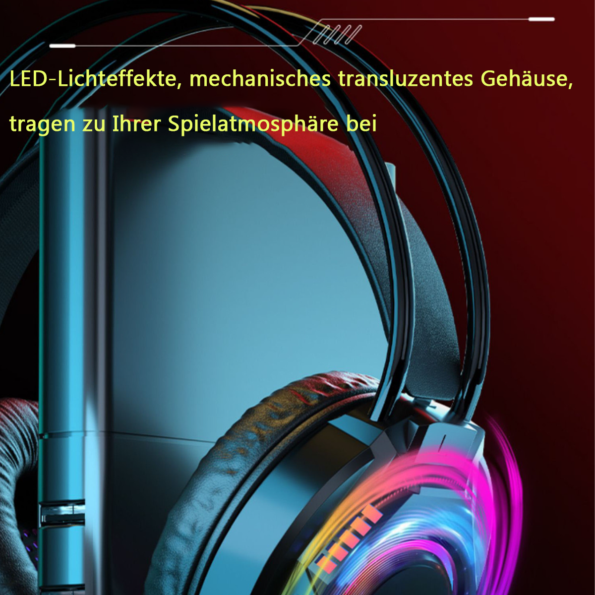 Kopfhörer mit Lichtern um die Ohrmuscheln. Der Hintergrund ist dunkelrot und blau.