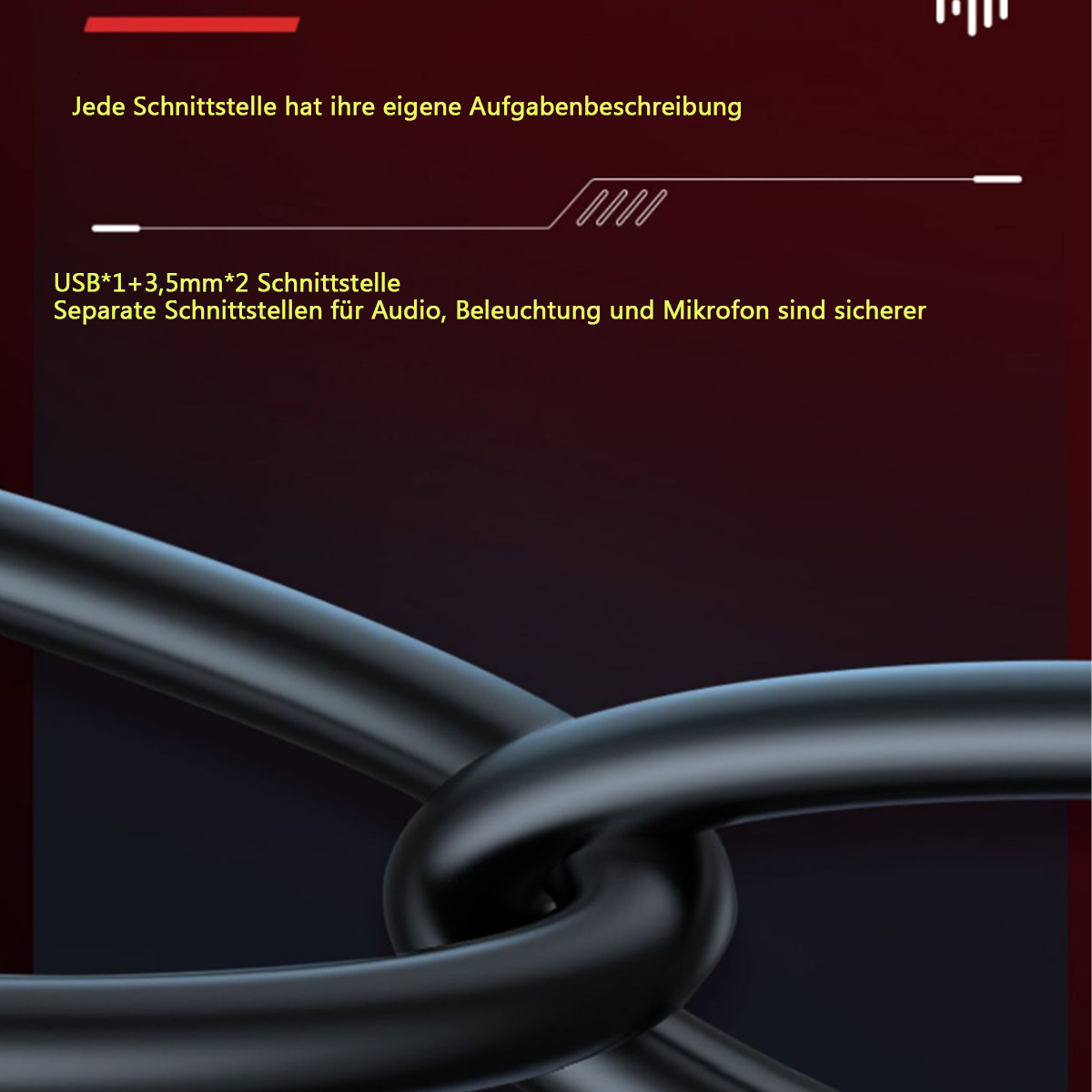 Schwarzes Kabel mit Text auf rotem Hintergrund, Nahaufnahme, das Kabel bildet eine Kettenform.