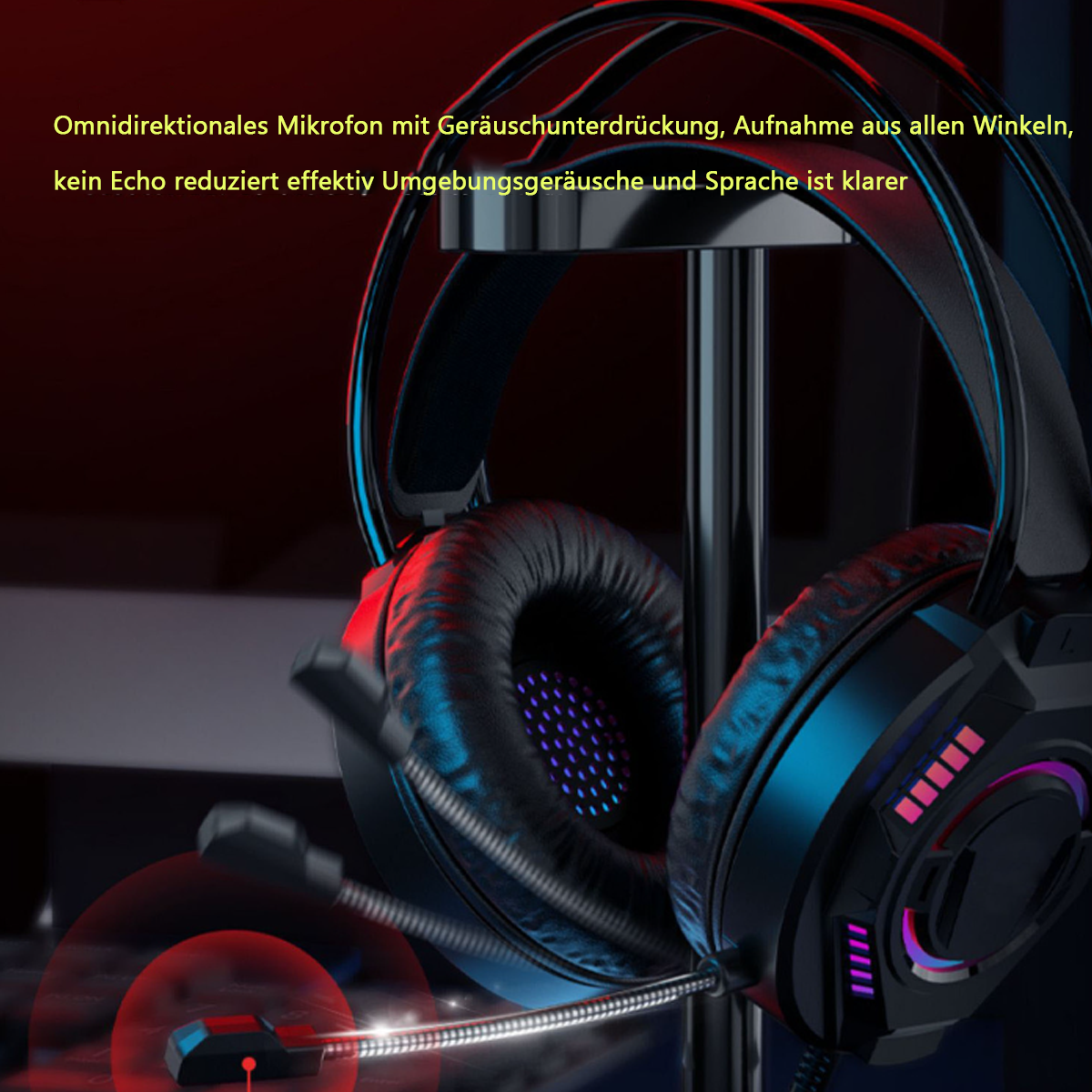 Schwarzes Headset mit Mikrofon, mit roter und blauer Beleuchtung. Das Headset steht auf einem Ständer.