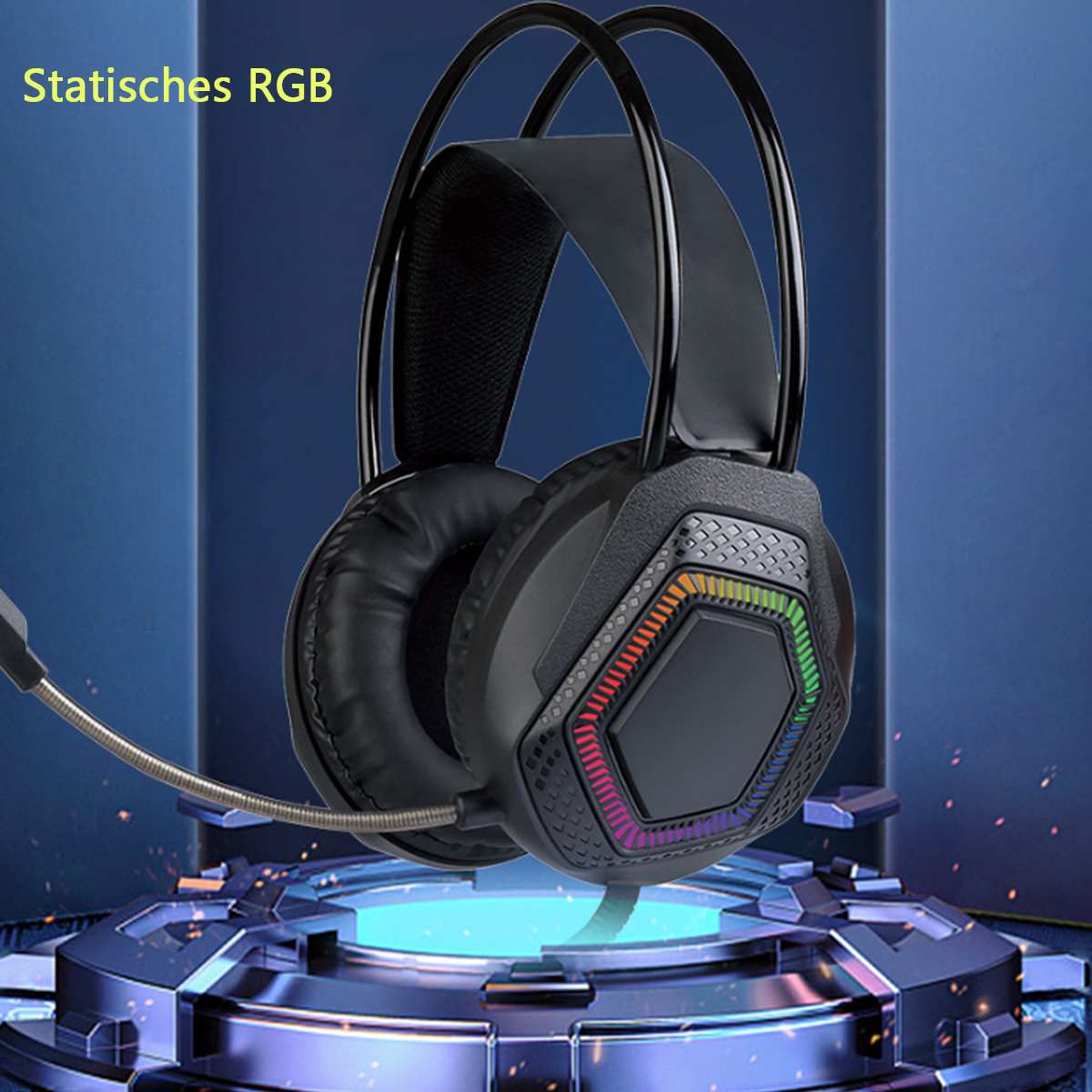 Schwarzes Gaming-Headset mit Mikrofon und statischer RGB-Beleuchtung.