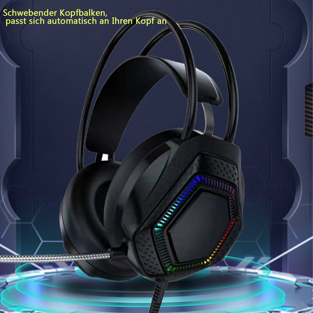 Schwarze Gaming-Kopfhörer mit RGB-Beleuchtung. Blauer Hintergrund.