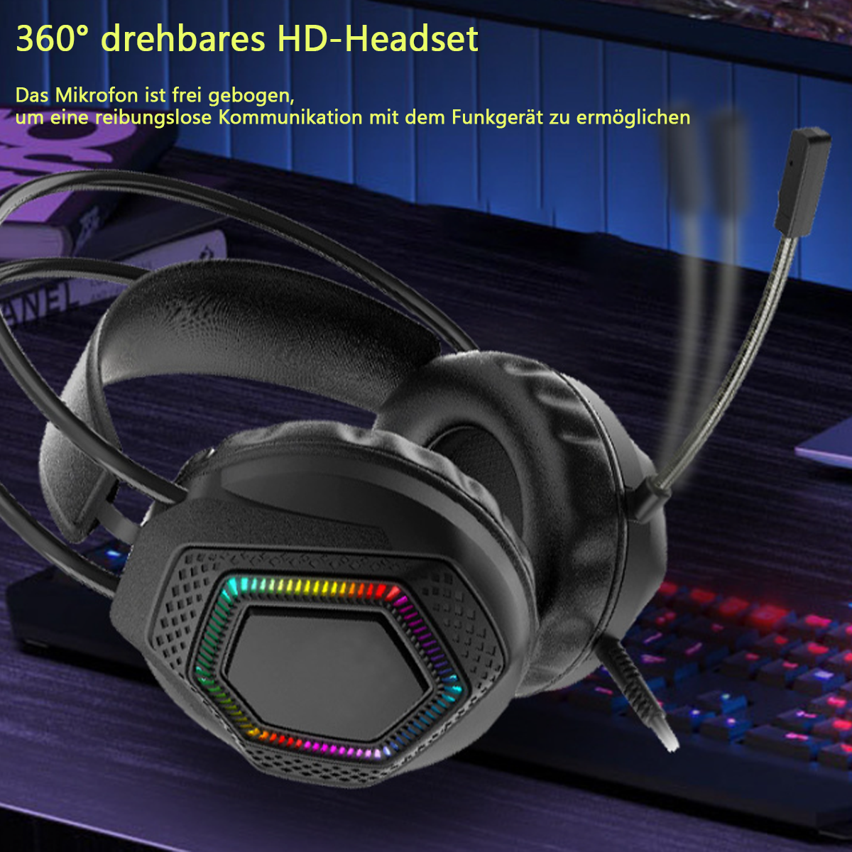 Schwarzes Gaming-Headset mit Mikrofon. Das Headset hat RGB-Lichter.
