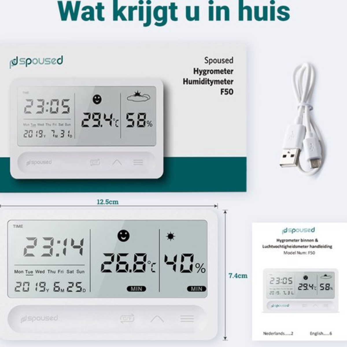 Eine weiße Digitalanzeige mit Zeit, Datum, Luftfeuchtigkeit und Temperatur, mit zwei USB-Kabeln.