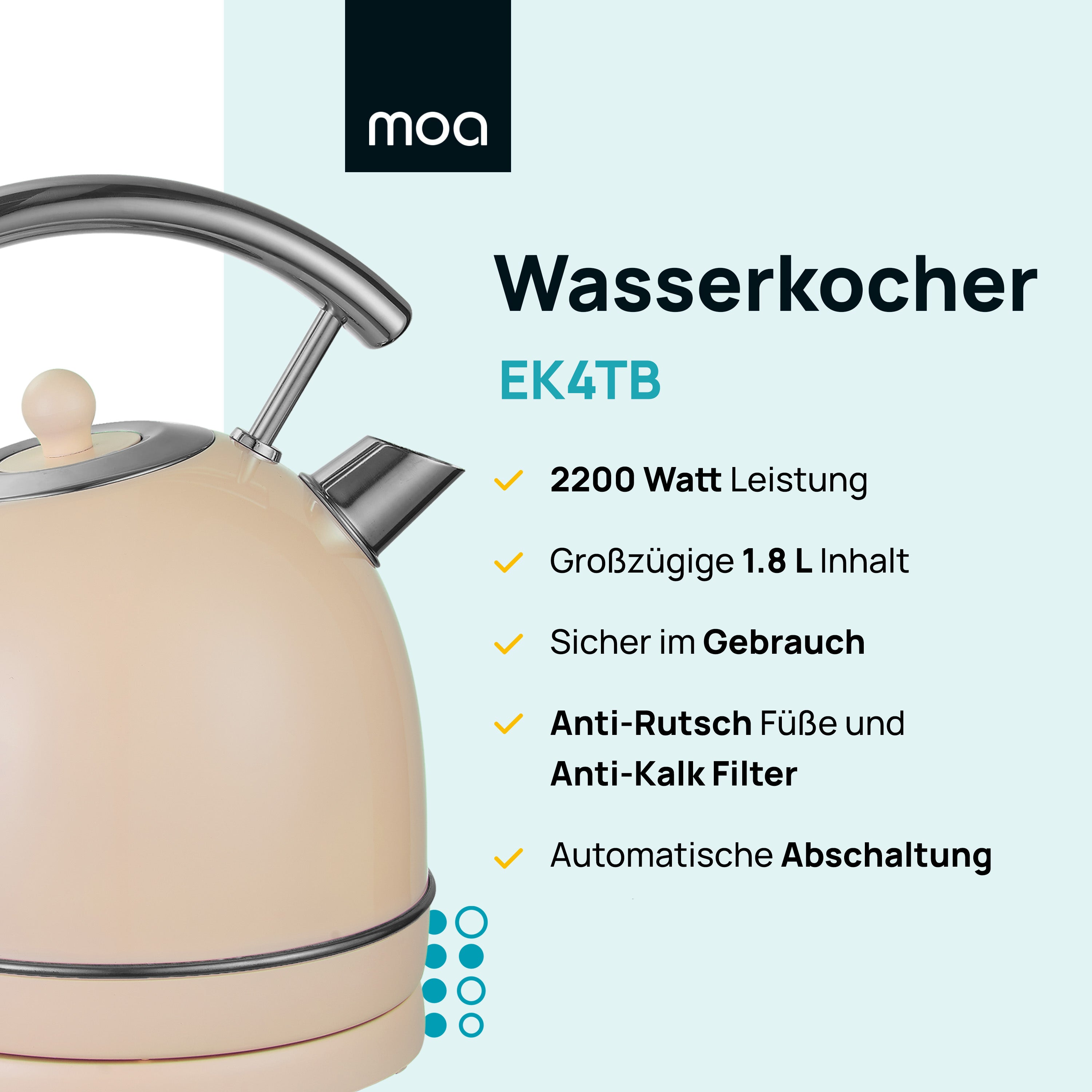 Cream-colored kettle with steel spout and handle, with text about its features.